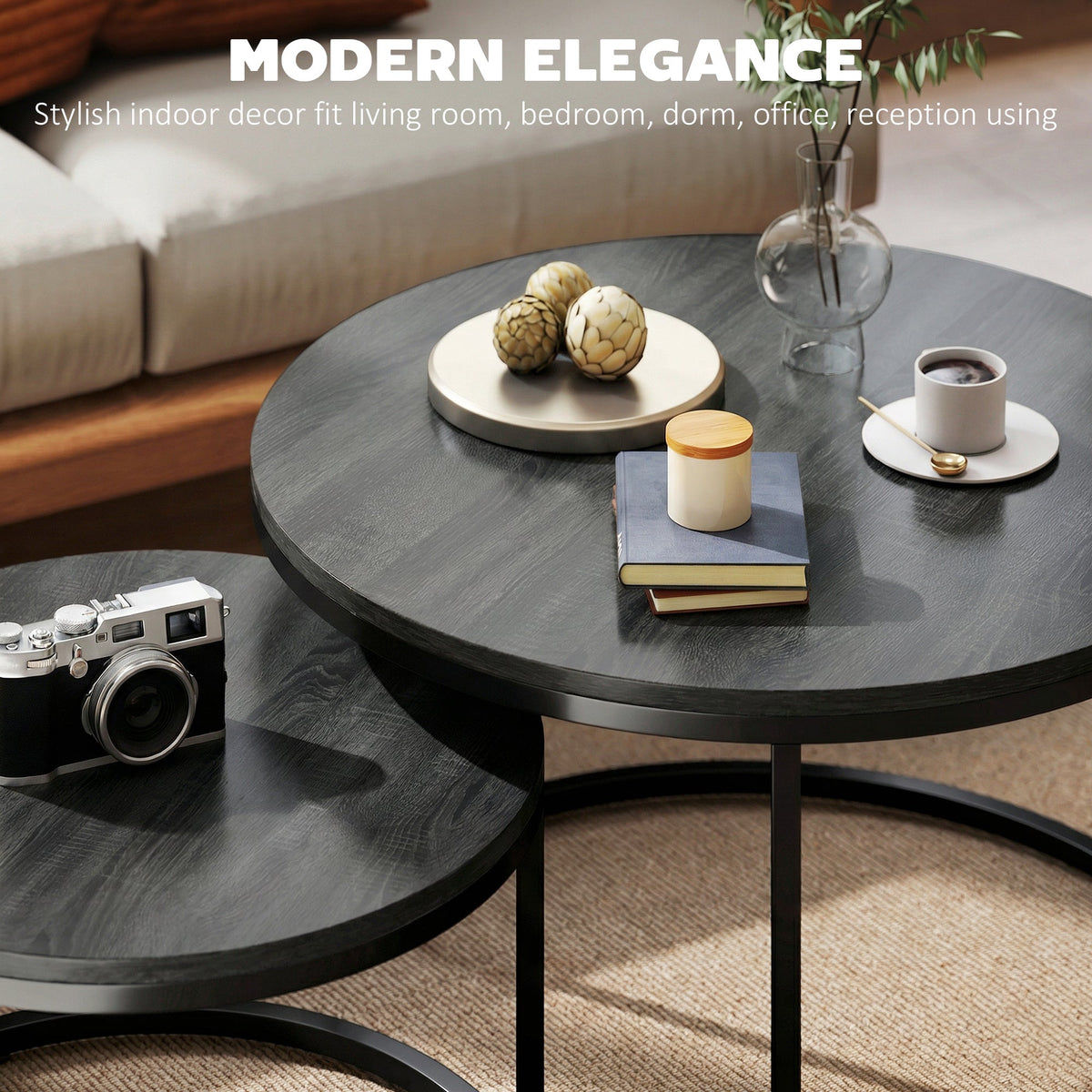 HOMCOM Set of Two Wood-Effect Stacking Tables - Black Wood Grain