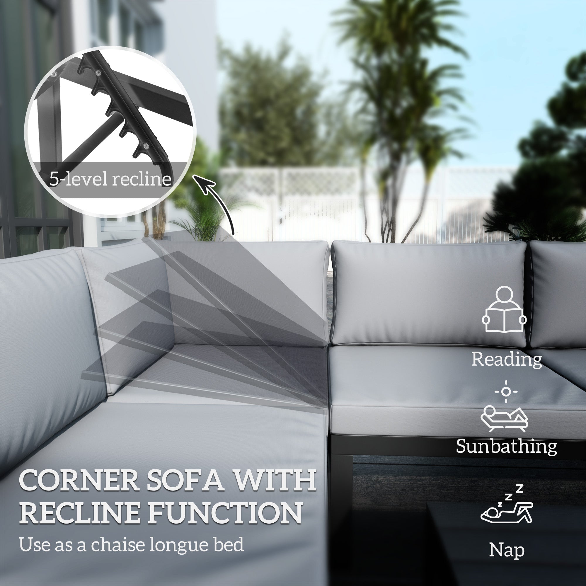 Outsunny 4 Pieces Garden Furniture Set, 5-Level Reclining Garden Corner Sofa Set, Outdoor Lounge Conversation Sectional with Cushions, Wood Effect Plastic Table, Black Frame & Light Grey Cushion