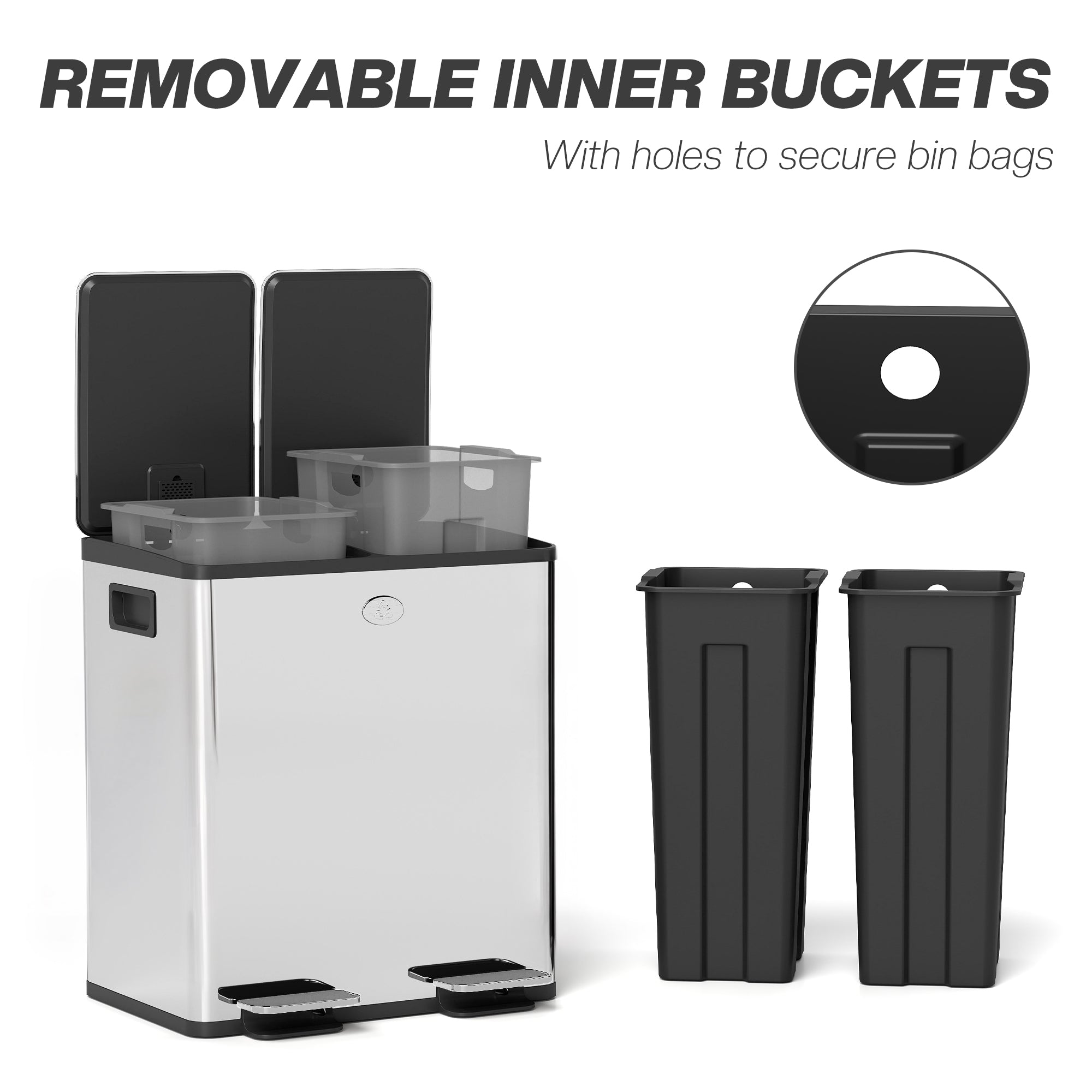 HOMCOM 40L Dual Compartment Stainless Steel Bin, with Deodoriser Holders - Silver Tone