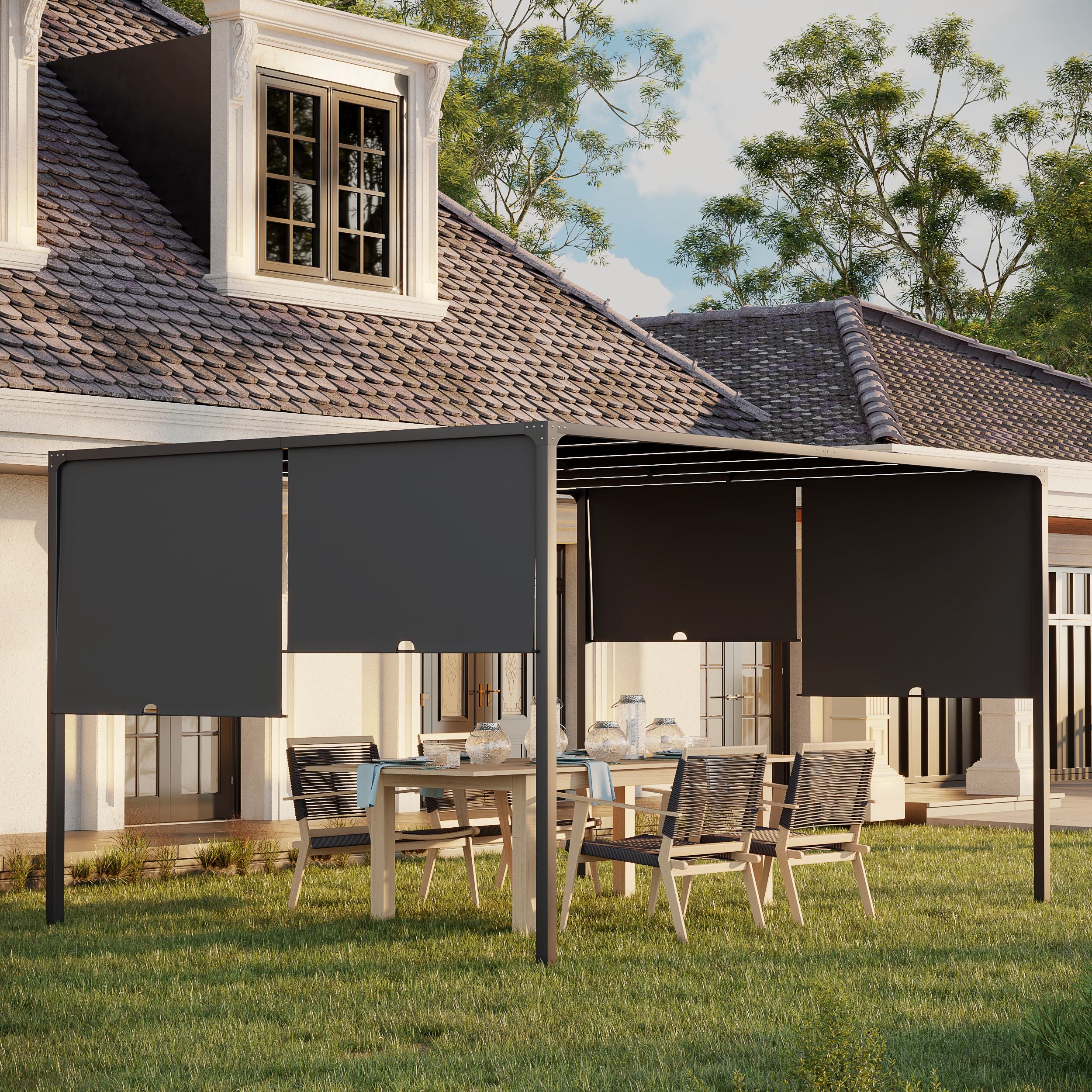 Outsunny 3(m) x 4m Metal Pergola with LED Lights, Outdoor Garden Pergola with Sliding Roof, Solar Powered, for BBQ,√Ç Lawn, Dark Grey