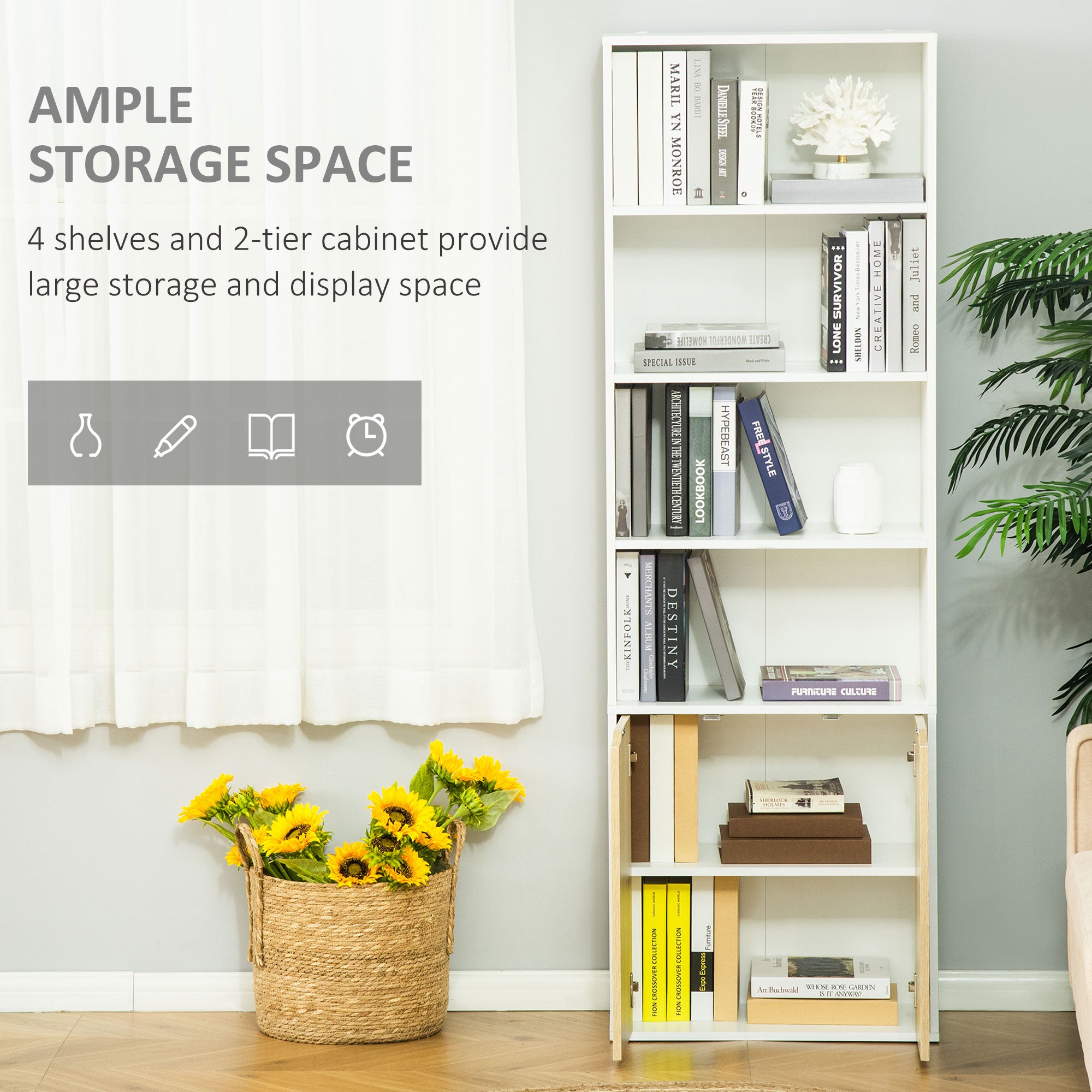 HOMCOM 6-Tier Tall Bookcase, Bookshelf with 4 Open Shelves and Double Door Storage Cabinet, Freestanding Display Rack for Living Room, Bedroom, Home Office, Study, 59 x 29 x 180cm, White and Oak