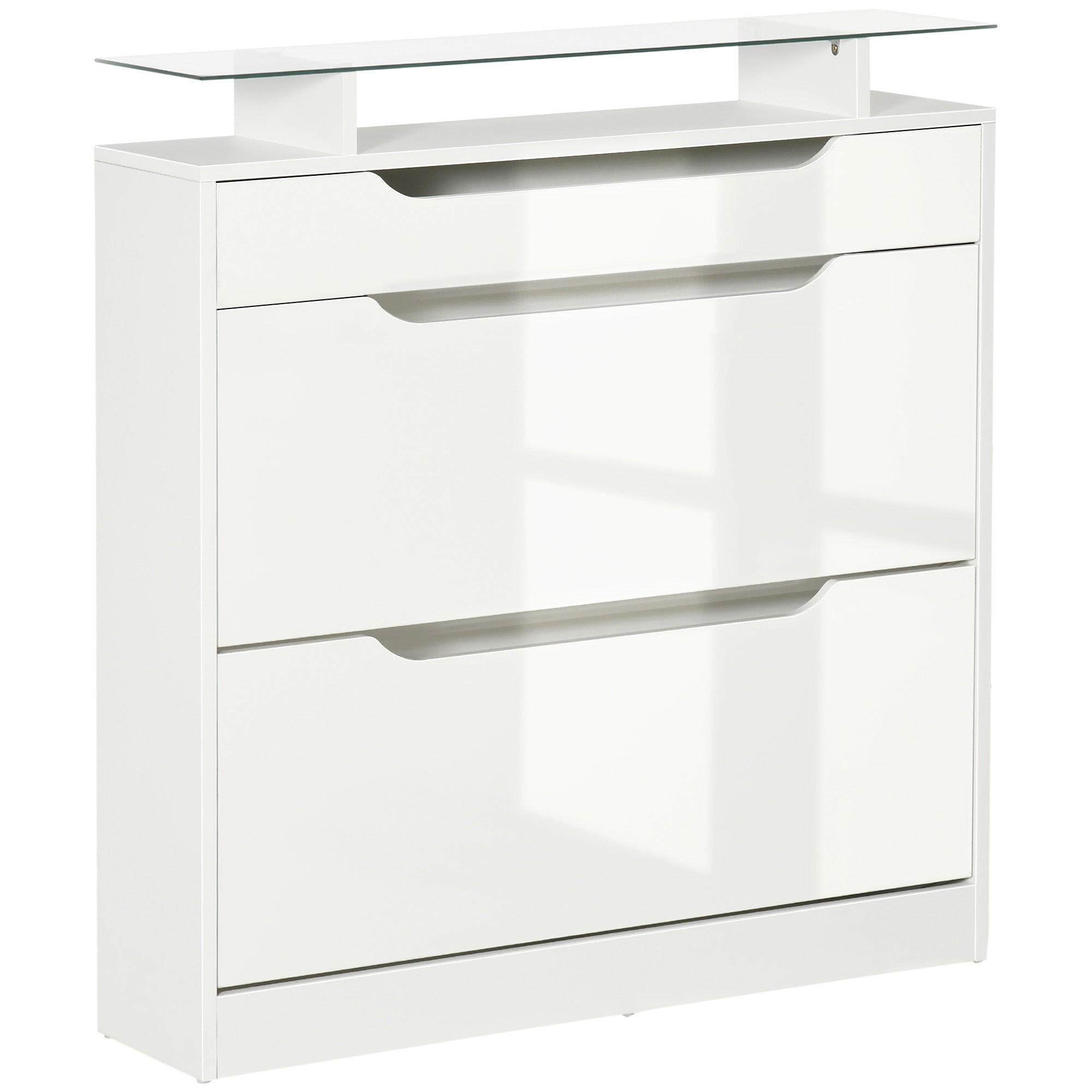 HOMCOM Shoe Storage Cabinet with Slide Out Drawer, 2 Flip Doors, Tempered Glass Top - White