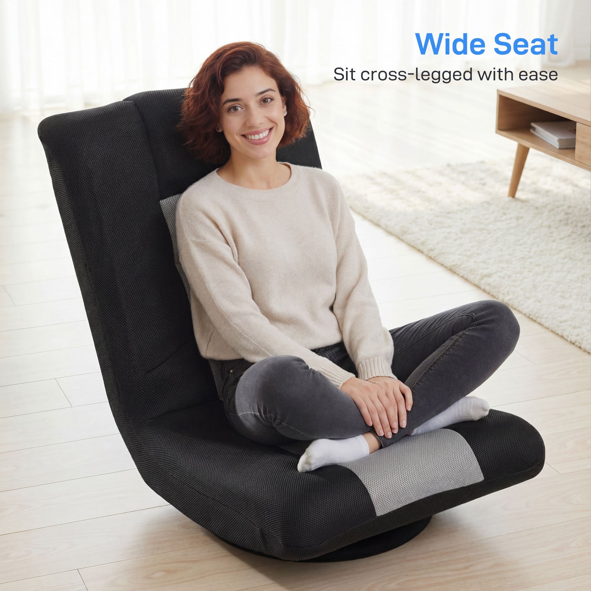 HOMCOM Floor Chair, Folding Floor Sofa with Adjustable Backrest, Wide Seat, Swivel Base, Black