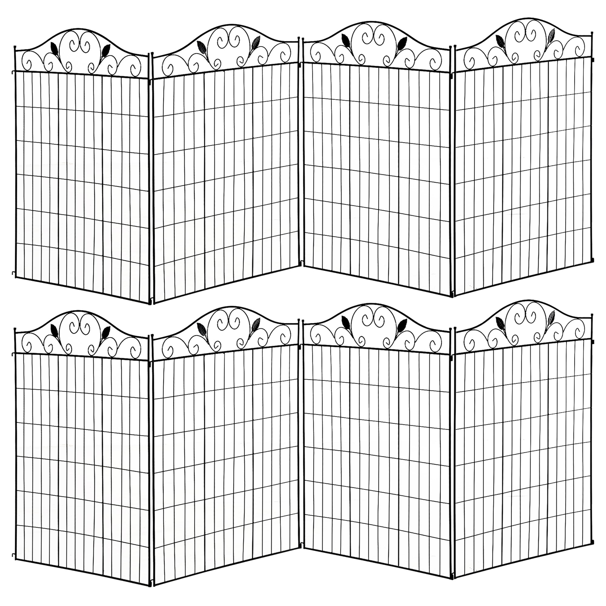 Outsunny Set of 2 Decorative Garden Fence, 8 Panels Metal Picket Fence, Versatile Shapes for Patio Lawn, 365cm x 112cm, Black