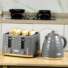 HOMCOM Kettle and Toaster Sets, 3000W 1.7L Rapid Boil Kettle & 4 Slice Toaster with 7 Browning Controls, Defrost, Reheat and Crumb Tray, UK Otter thermostat, Grey