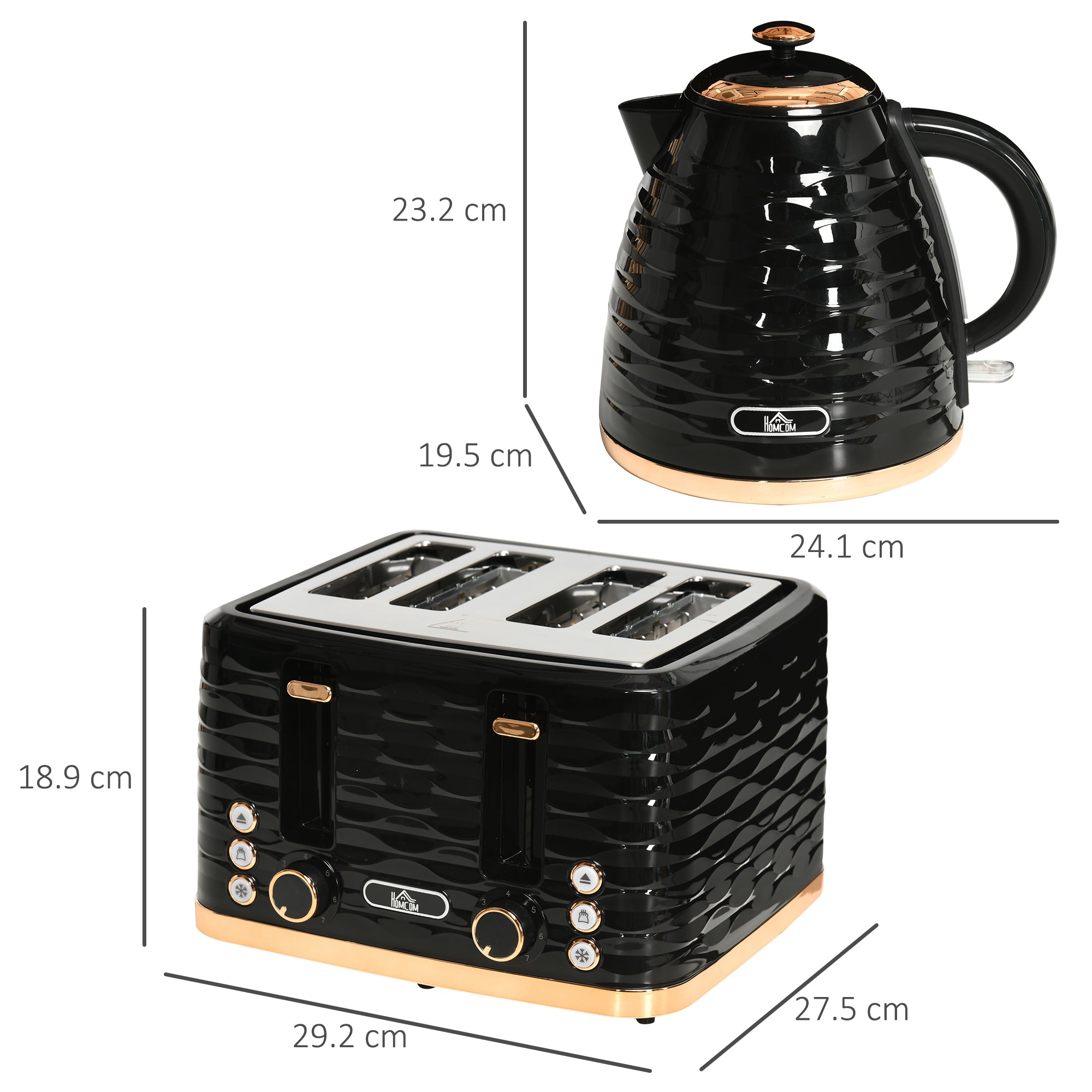HOMCOM Kettle and Toaster Sets, 3000W 1.7L Rapid Boil Kettle & 4 Slice Toaster with 7 Browning Controls, Defrost, Reheat and Crumb Tray, UK Otter thermostat, Black