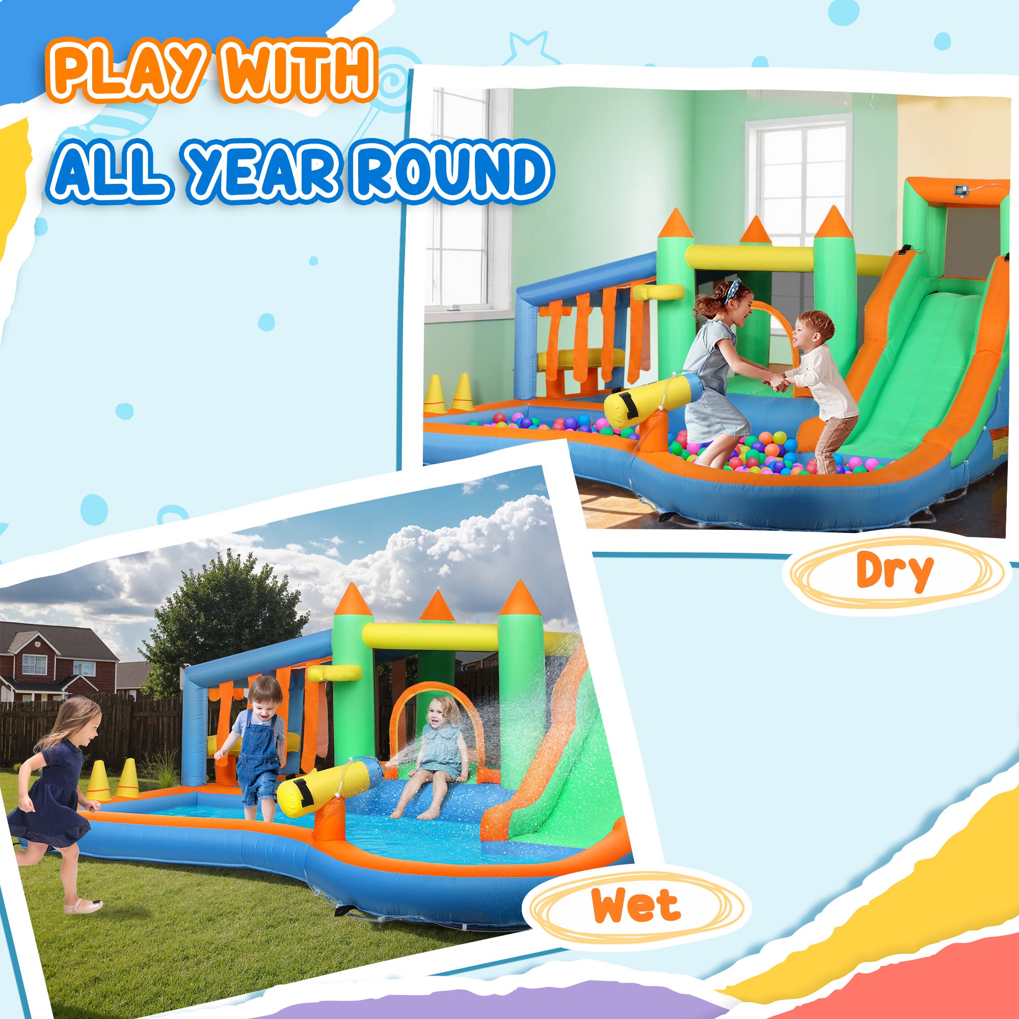 AIYAPLAY 8 in 1 Inflatable Bounce House with 680W Blower, Slide, 2 Pools, Basketball Hoop, Climbing Wall, Water Gun, Ring Toss