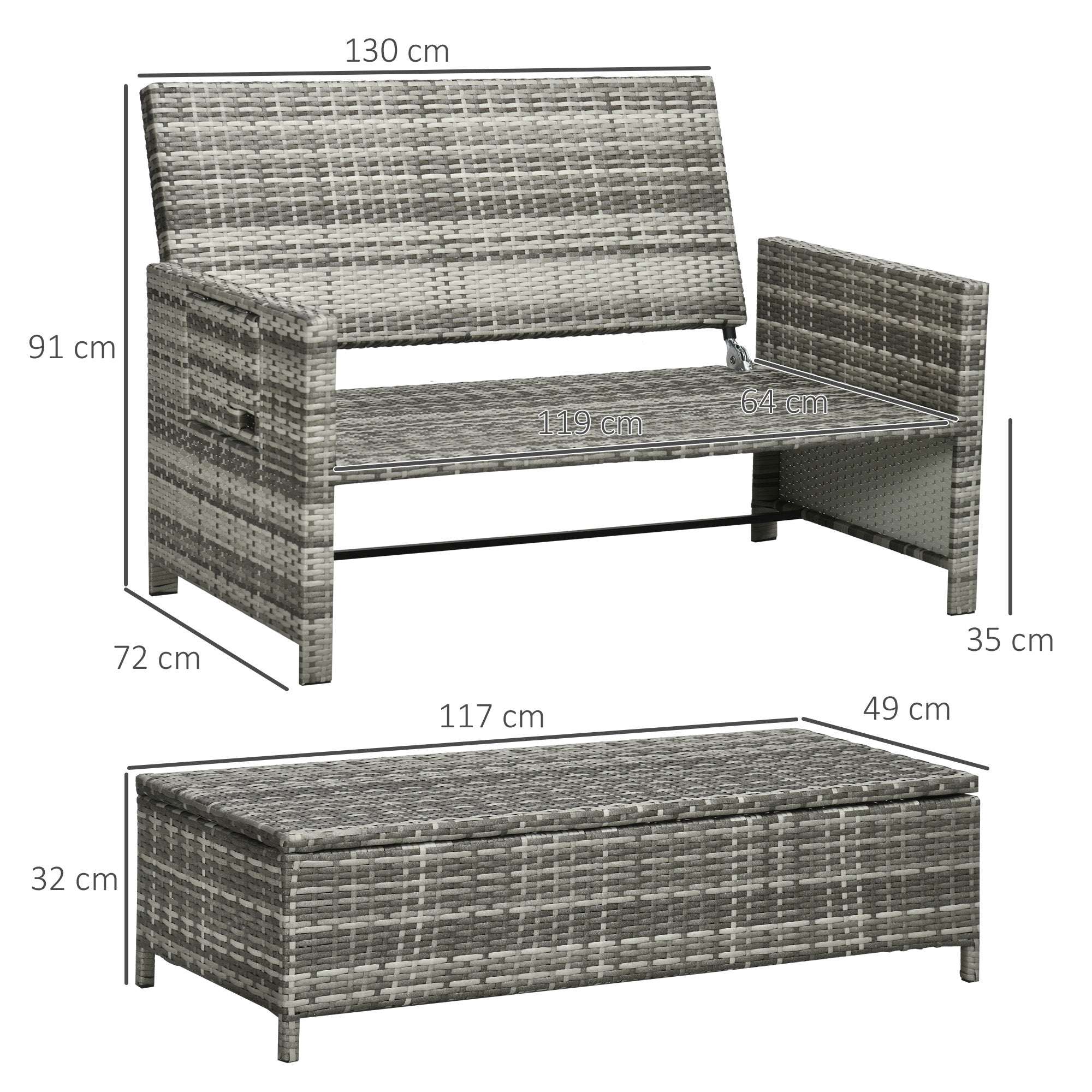 Outsunny Rattan Garden Daybed, Assembled Double Sun Lounger with 5-Level Adjustable Back, Storage Ottoman, Cushions, Pillows and Retractable Trays, Outdoor Loveseat Sofa Bed for Patio, Mixed Grey