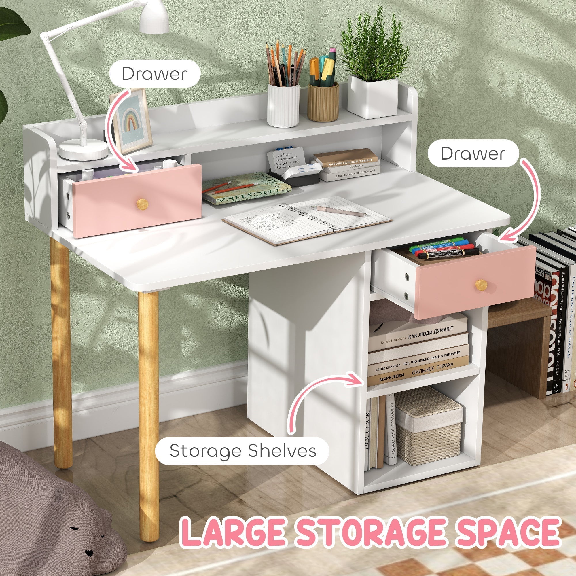 AIYAPLAY 2 Pieces Children Study Table with Hutch, Kids Desk and Chair Set with Storage, Drawer, Shelves, Pink