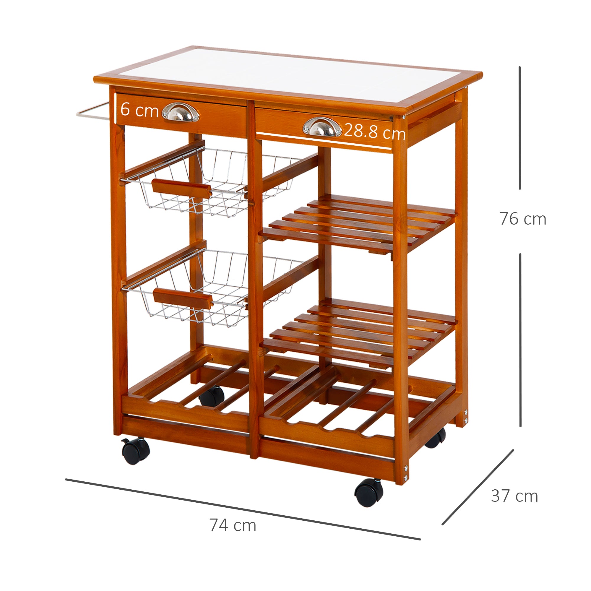 HOMCOM Rolling Kitchen Island Trolley Cart Drawer Shelves Basket Wheels W/ 6 Bottle Wine Rack, Honey Colour