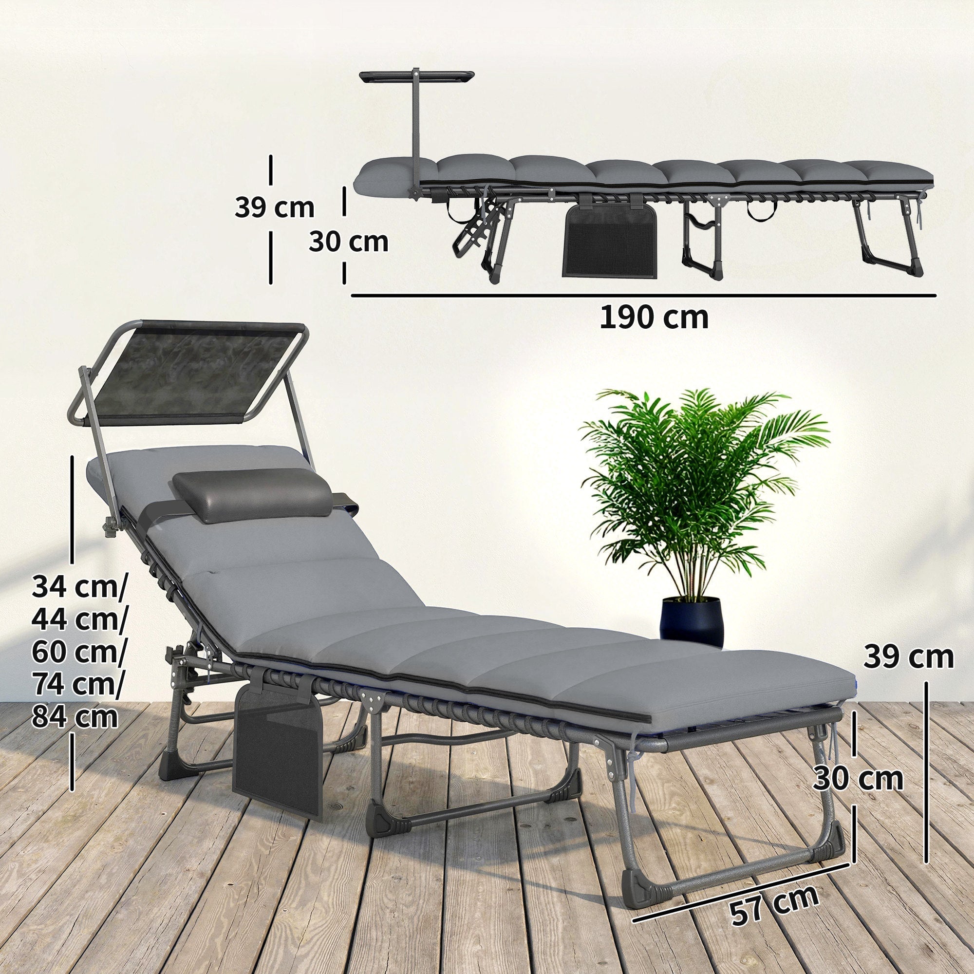 Outsunny Folding Sun Loungers Set of 2 with Canopy, Reclining Sunbed with Cushion, Side Pocket, Carrying Handle, Light Grey