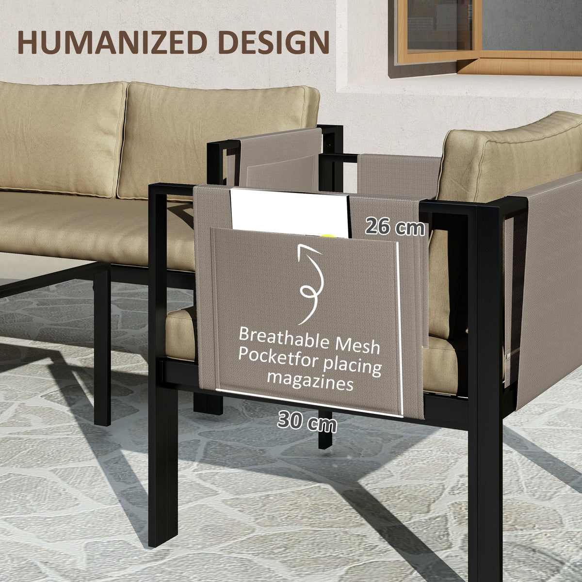 Outsunny 4 Piece Metal Garden Furniture Set with Tempered Glass Coffee Table, Texteline Pocket, Outdoor Set Loveseat Single Armchairs with Padded Cushions, Khaki