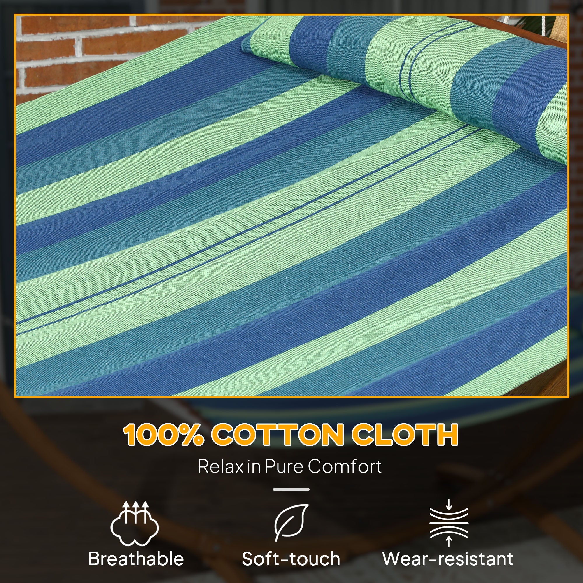 Outsunny Outdoor Hammock with Stand, Garden Hammock with Triple-Head Eucalyptus Wood Arc Frame, 1 Person Cotton Bed and Head Pillow, Freestanding Garden Swing Bed for Patio, Blue Stripe