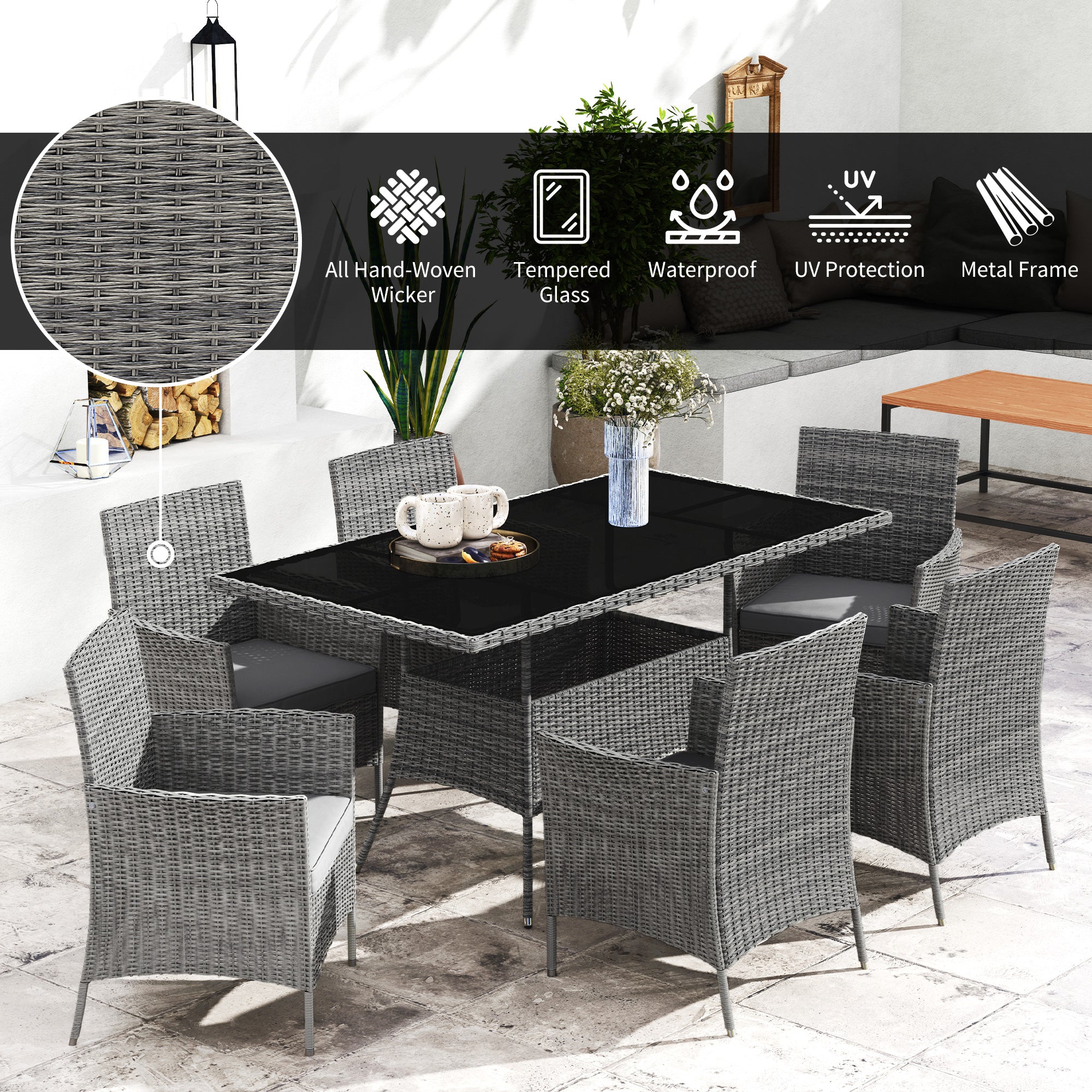 Outsunny 7-Piece Rattan Garden Furniture Set with Cushions, 6 Seater Garden Table and Chairs, Rattan Dining Set with 6 Armchairs, Rectangular Glass Top Table, Charcoal Grey