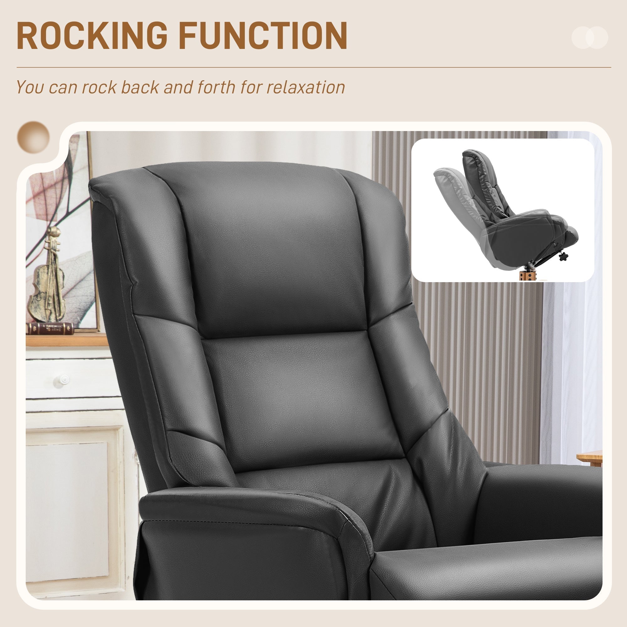HOMCOM Rocking Recliner Chair with Footstool, PU Leather Recliner Armchair with Wood Base, Upholstered Reclining Chair for Living Room Bedroom, Black