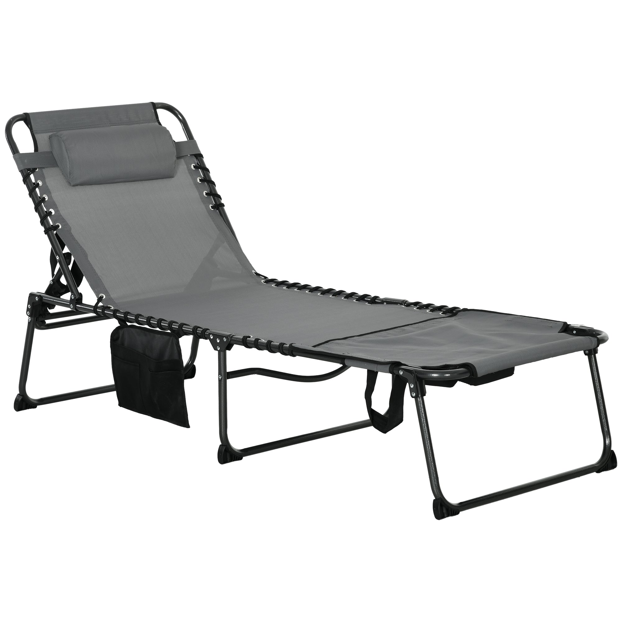 Outsunny Folding Sun Lounge with 5-level Reclining Back, Outdoor Tanning Chair with Reading Hole, Outdoor Sun Lounge with Side Pocket, Headrest, for Beach, Yard, Patio, Grey