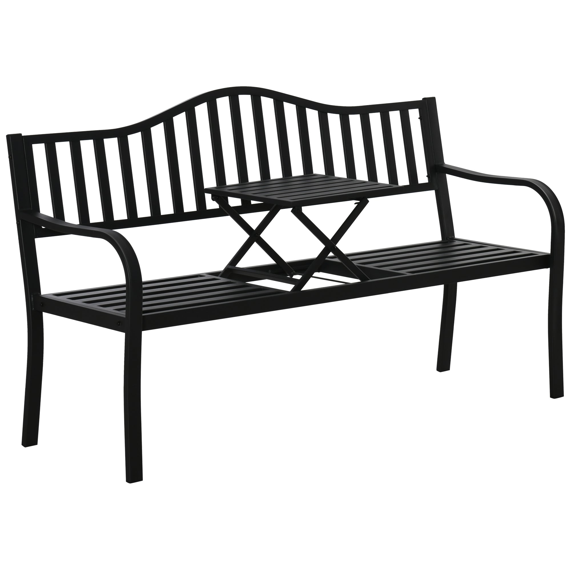 Outsunny Metal Outdoor Bench with Liftable Middle Table, Patio Loveseat, Garden Bench for Garden, Porch, Seats 2â3 People, Black