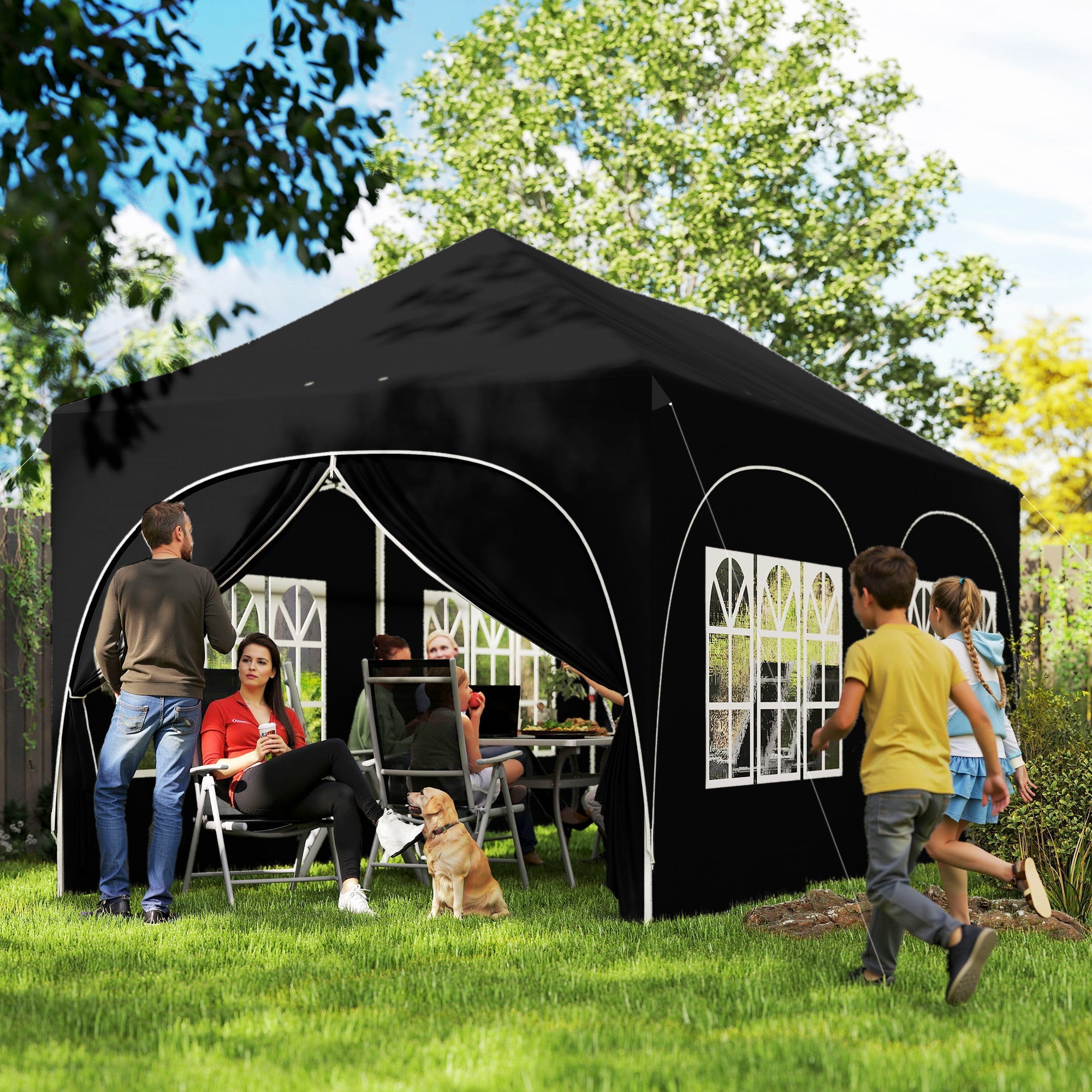 Outsunny 3 x 6m Pop Up Gazebo Shelter with Sides, 6 Sandbags, Peak Top Garden Party Tent Marquee with Carry Bag, Black