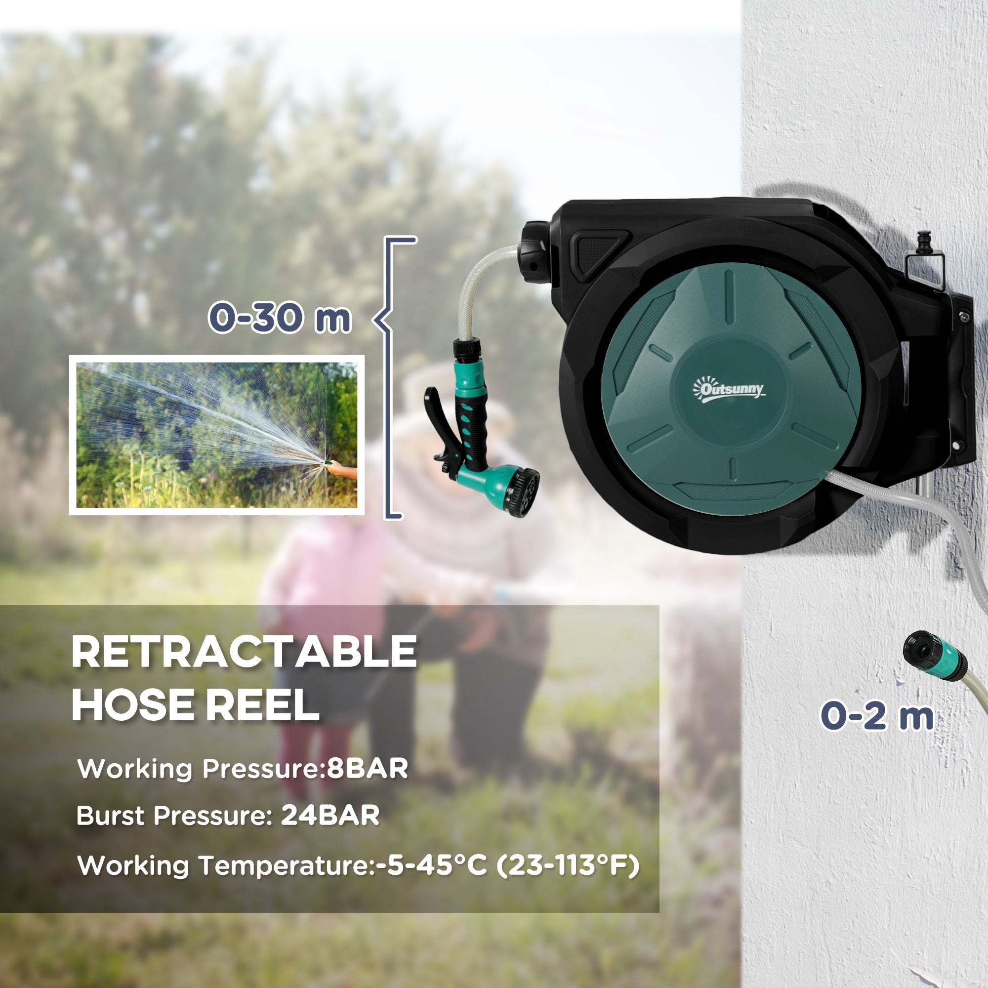 Outsunny Retractable Hose Reel Wall Mounted, 30+2m Garden Hose Pipe Reel with Lock, Auto Rewind, 7 in 1 Spray Nozzle, Includes Wall Fixings, 180Â° Swivel, Outdoor Watering, 59 x 23 x 42 cm, Green