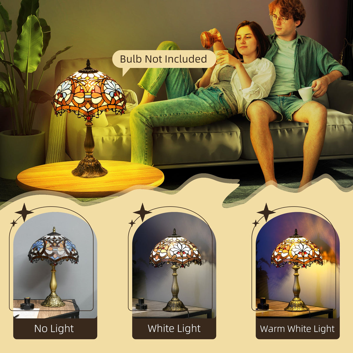 HOMCOM Stained Glass Table Lamp, Handcrafted Artisan Collectible, Suitable for Living Room and Bedside, Multi-Coloured, 25 x 45H cm, Zinc Alloy.