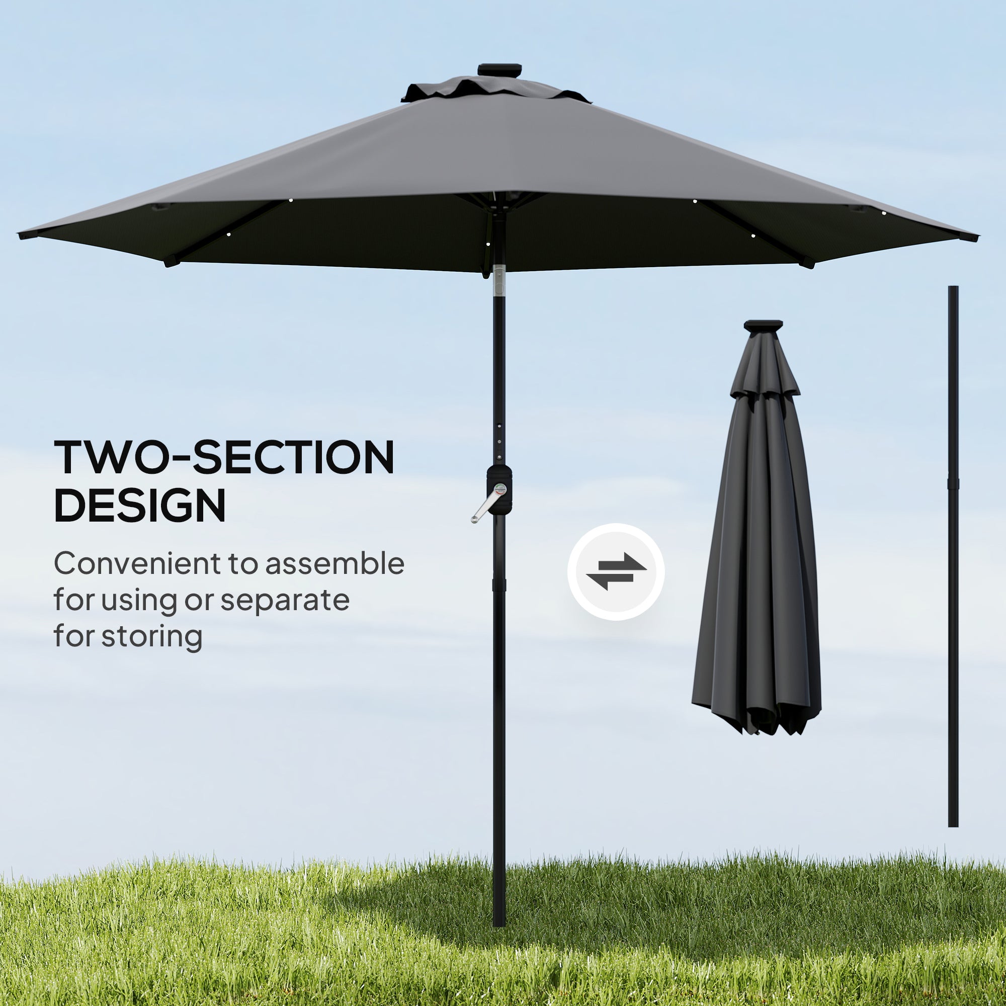 Outsunny 2.7m Garden Parasol Solar Outdoor Tilt Sun Umbrella Patio Sun Shade w/ 24 LED Light, Hand Crank and 8 Ribs, Black