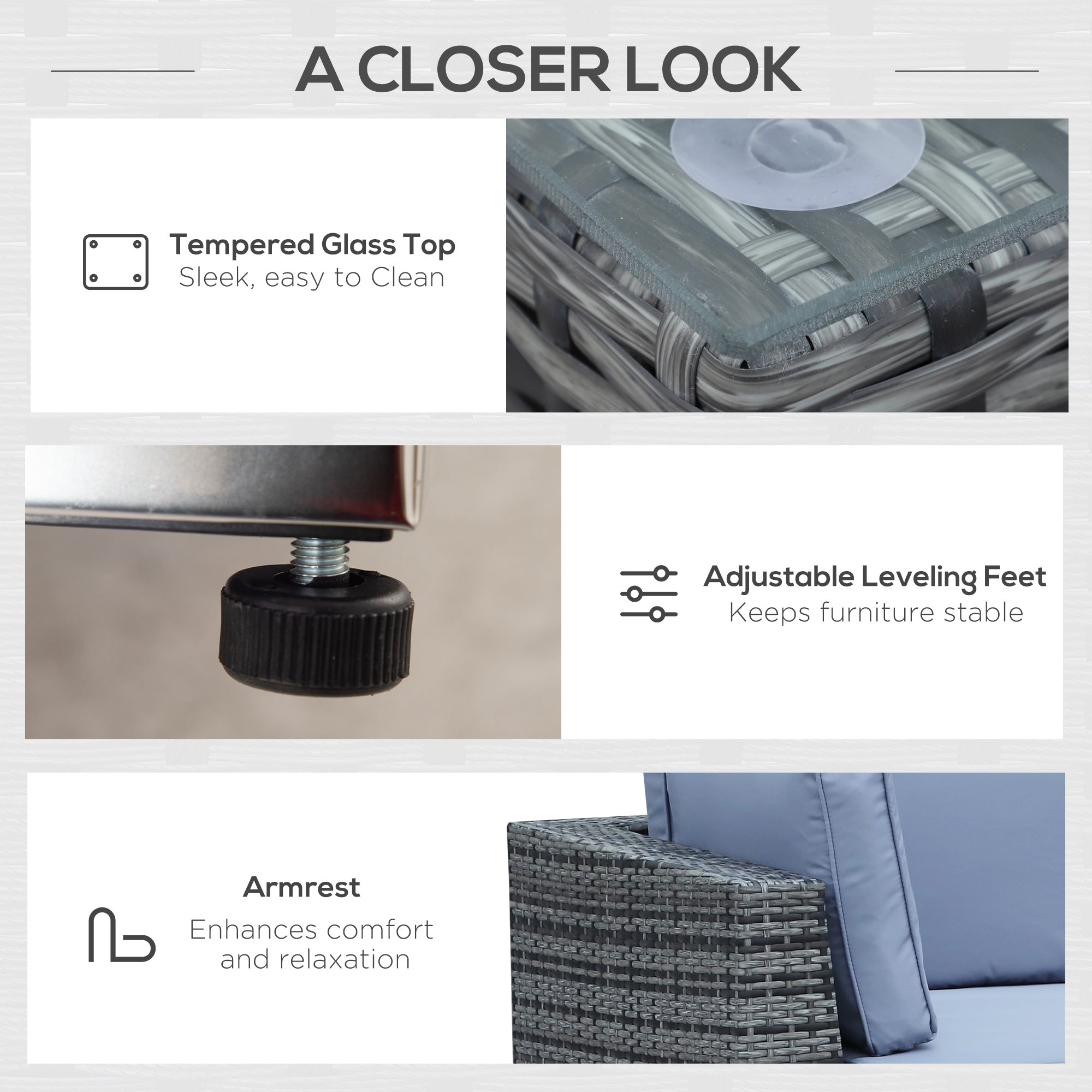 Outsunny 8 Piece Rattan Corner Sofa Set with Wide & Deep Seat, Assembled Aluminium PE Rattan Garden Furniture Set with Thick Cushions and Glass Top Table for Outdoor, Conservatory, Grey