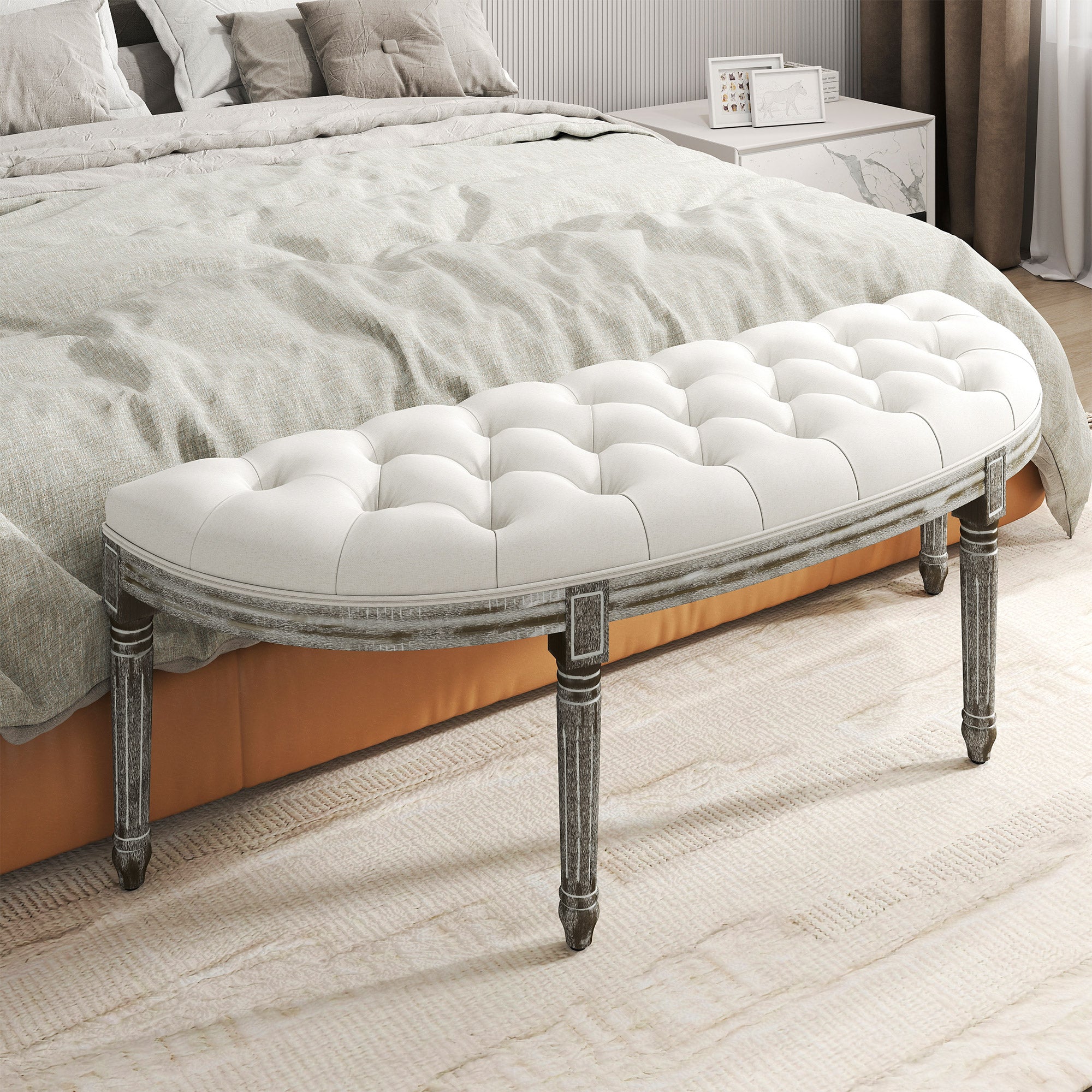 HOMCOM Half-Circle End Bench Ottoman Footstool Tufting Padded Seat Brushed Wood Base Antique Accents Home Seat Furniture Cream White and Light Wood Grain Leg