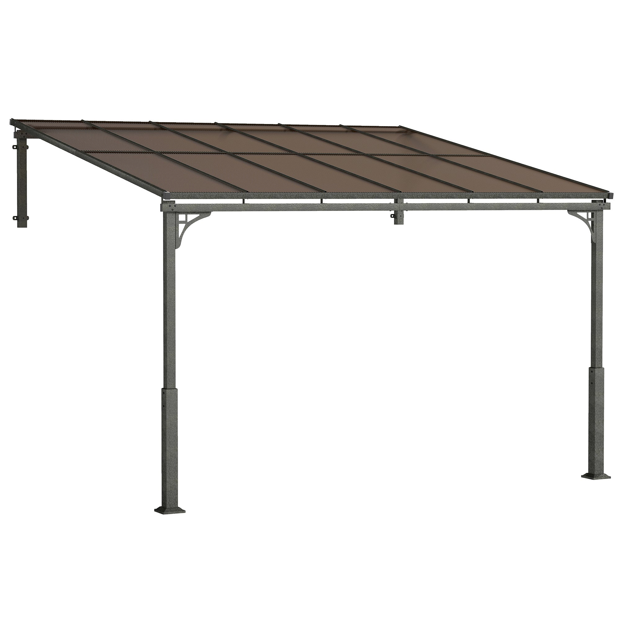 Outsunny 3.4 x 3 m Metal Lean-to Pergola, Wall-Mounted Garden Pergola with Polycarbonate Roof and Metal-Aluminium Frame, Heavy Duty Hardtop Gazebo for Outdoor Patios, BBQ, Brown