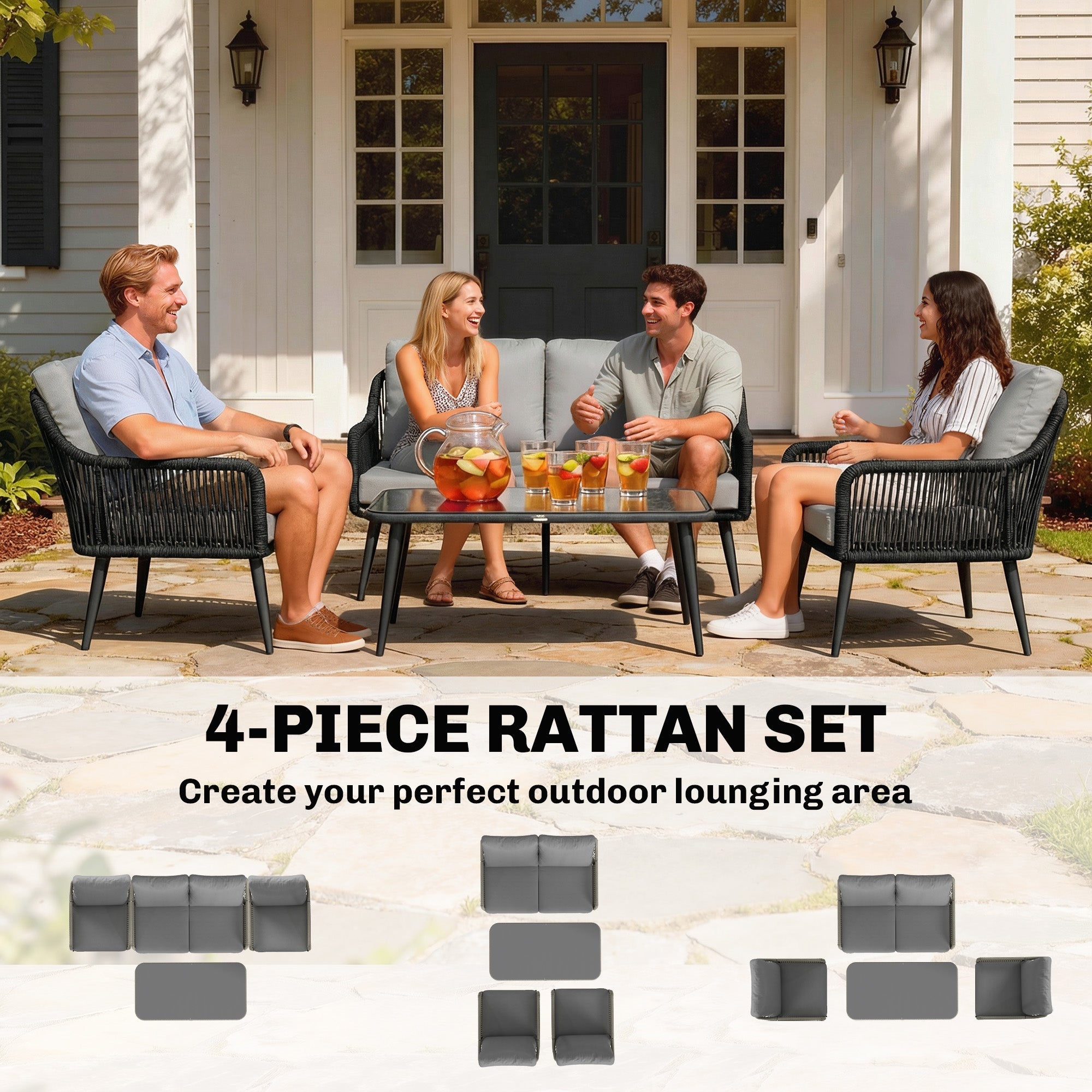 Outsunny Rattan Garden Furniture Set, 4 Piece Outdoor Patio Furniture with Tempered Glass Table and Chairs, Indoor Balcony Conservatory Set