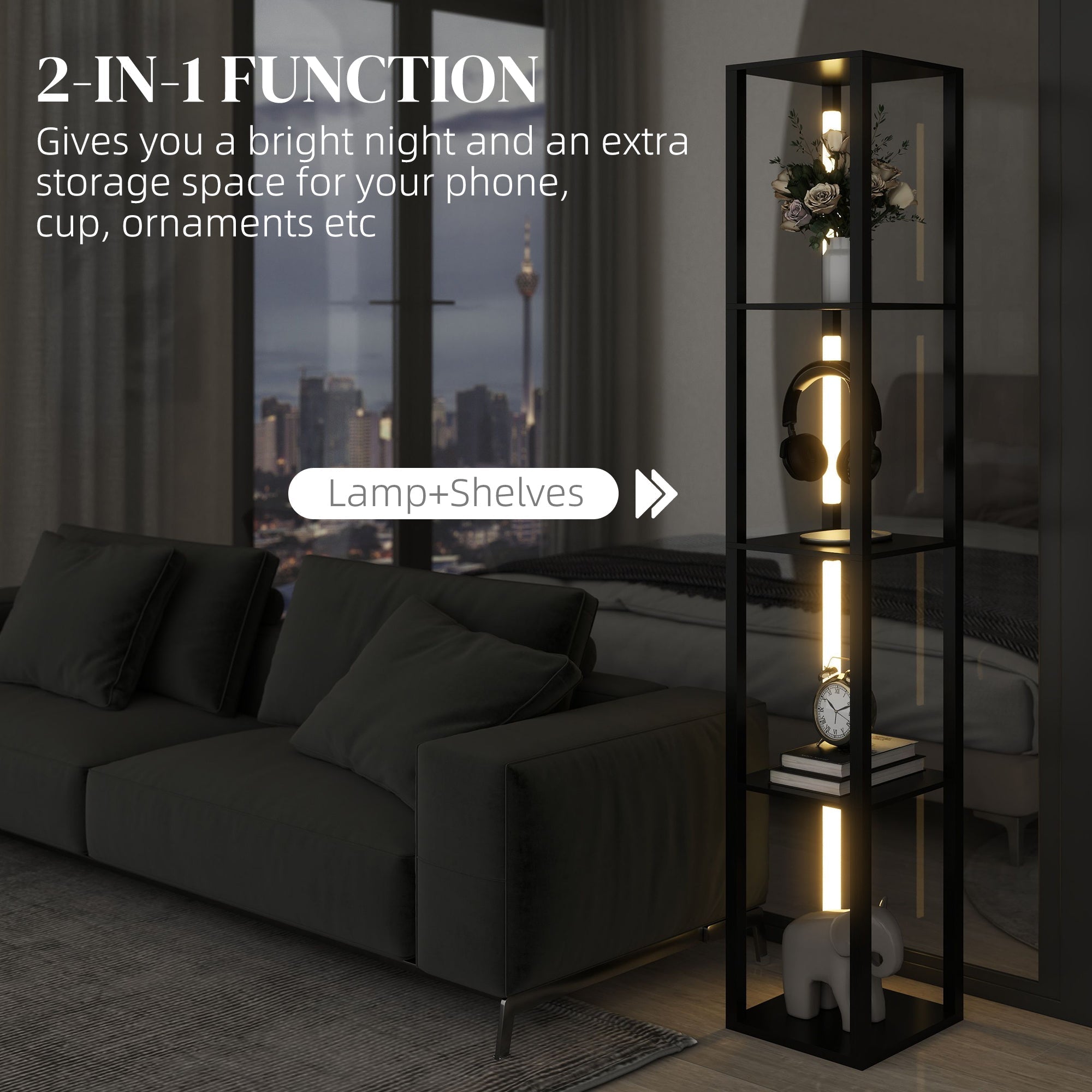 HOMCOM LED Floor Lamp with Shelves, Modern Dimmable Standing Lamp with 3 Brightness Levels and Foot Switch for Living Room, Bedroom, Office, Black