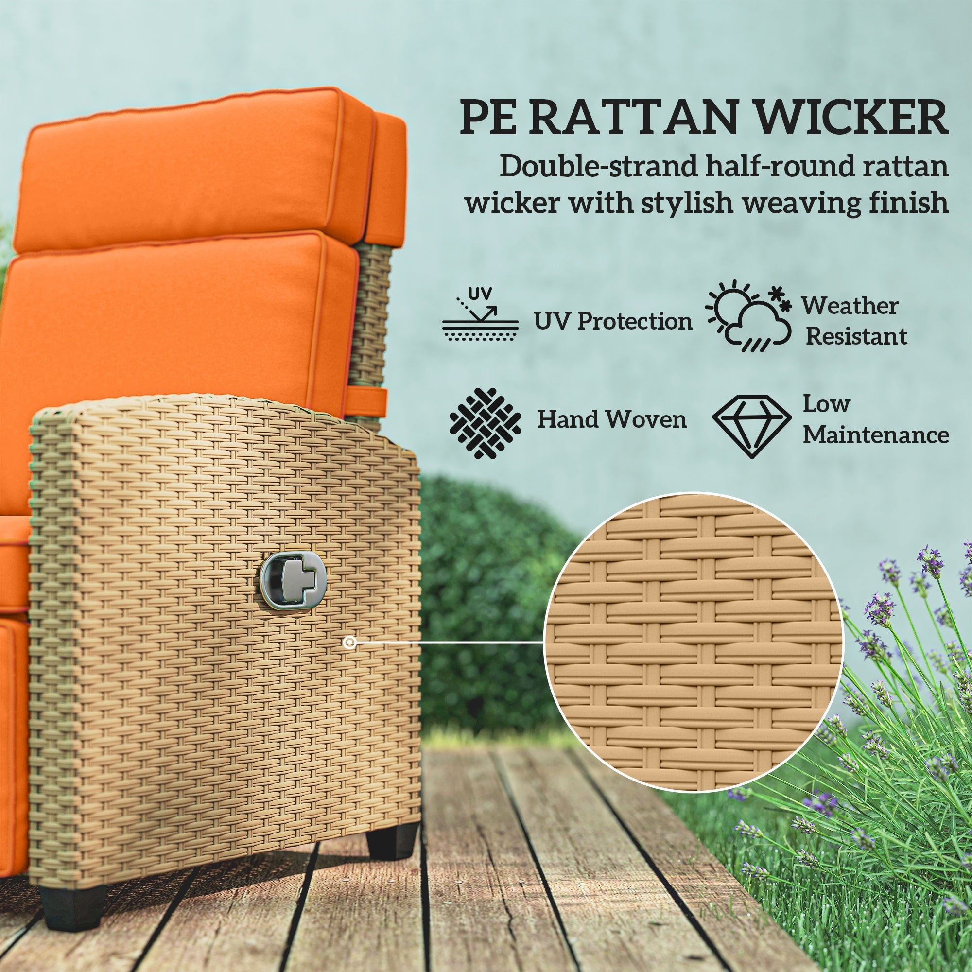 Outsunny 145° Reclining Rattan Armchair, with Footrest - Khaki/Orange