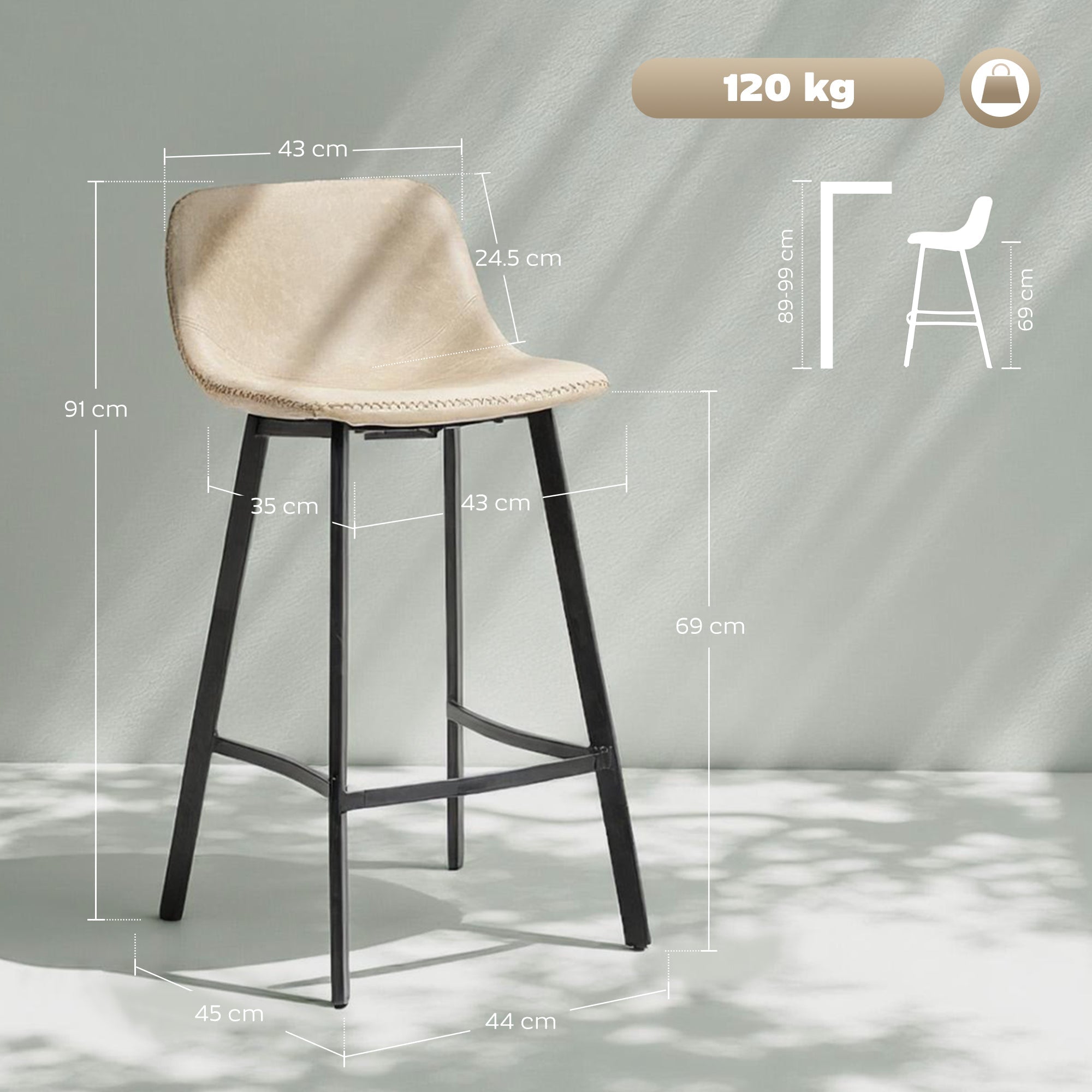 HOMCOM Bar Stools Set of 2, PU Leather Dining Stools with Backrest, Footrest, for Kitchen, Counter, Breakfast Bar, Light Brown