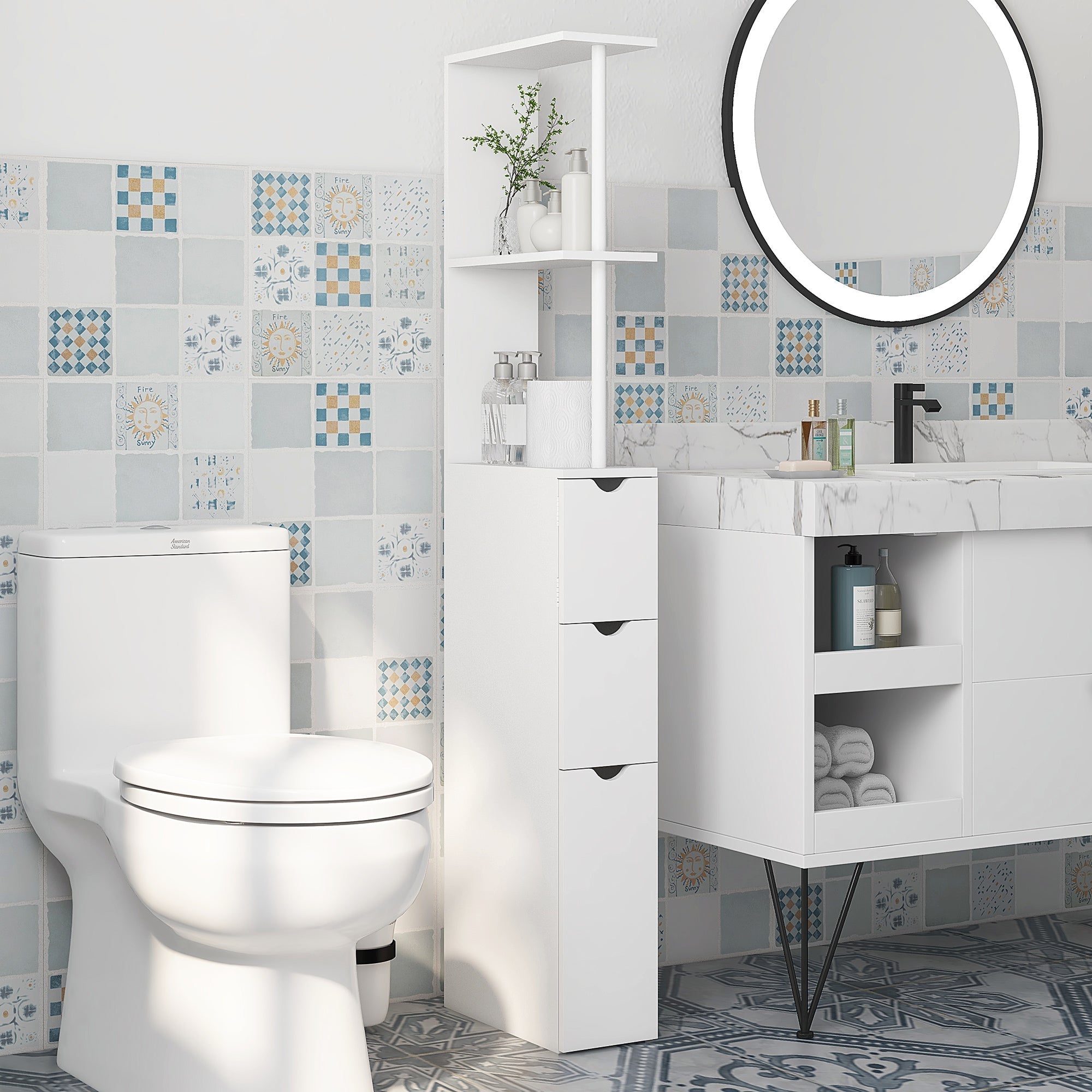 HOMCOM Slim Bathroom Storage Cabinet with Drawers, Tall Bathroom Cupboard with 2-Tier Shelf, White