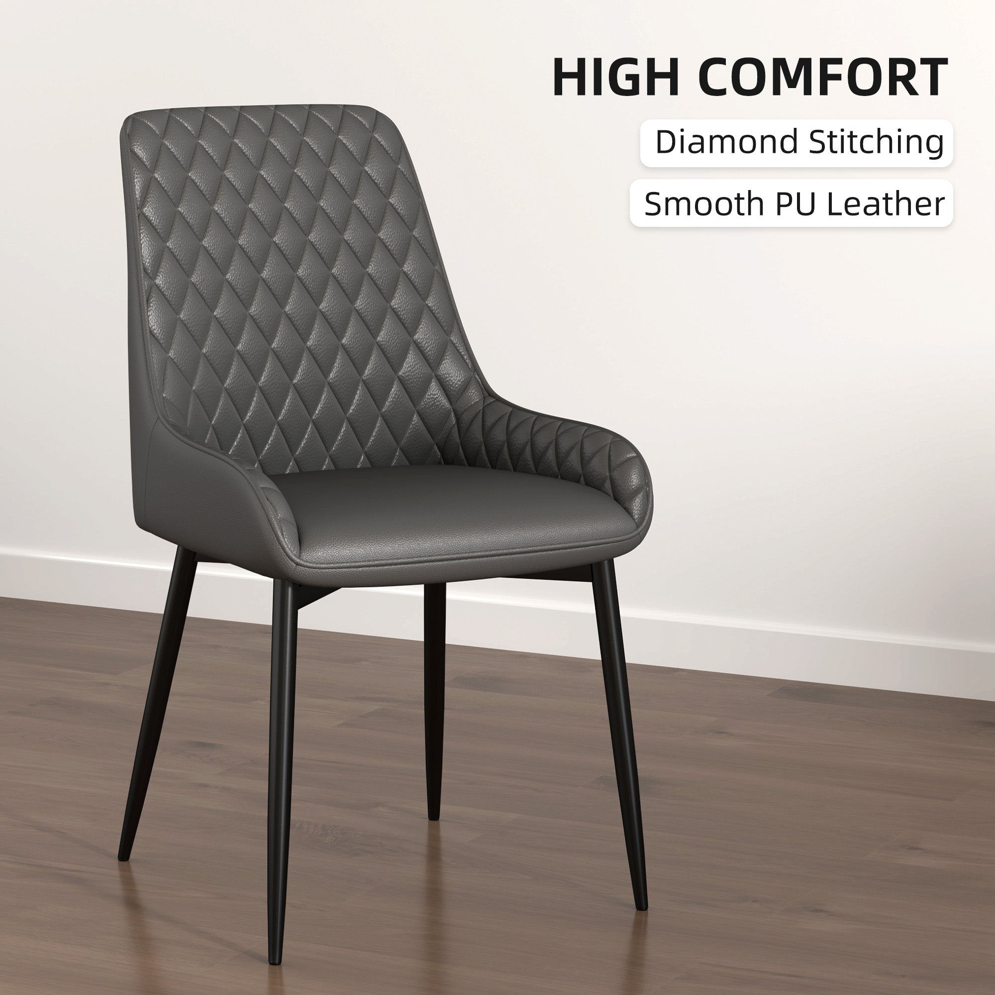HOMCOM Set of 4 Quilted PU Leather Dining Chairs with Metal Frame 4 Legs Foot Caps Home Seating Modern Stylish Executive, Grey
