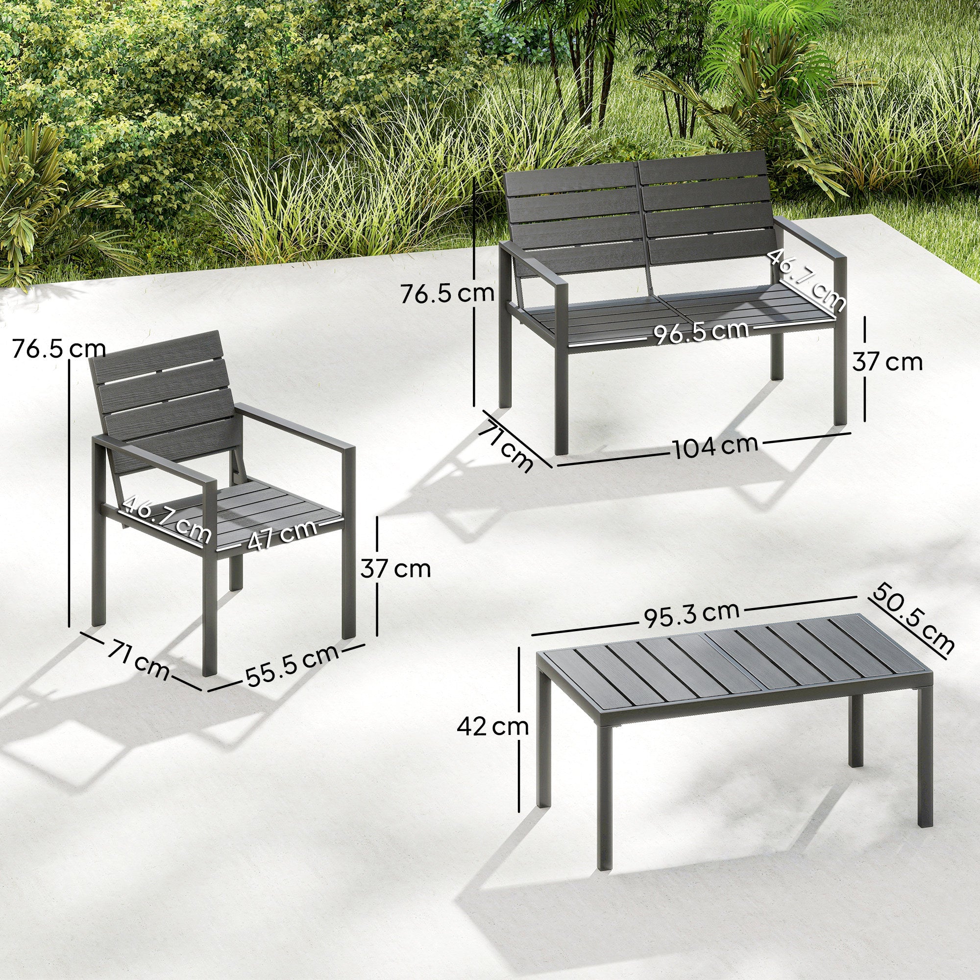 Outsunny 4 Piece Garden Furniture Set, Outdoor Sofa Set with HDPE Slatted Loveseat Armchairs Coffee Table Metal Frame, Dark Grey