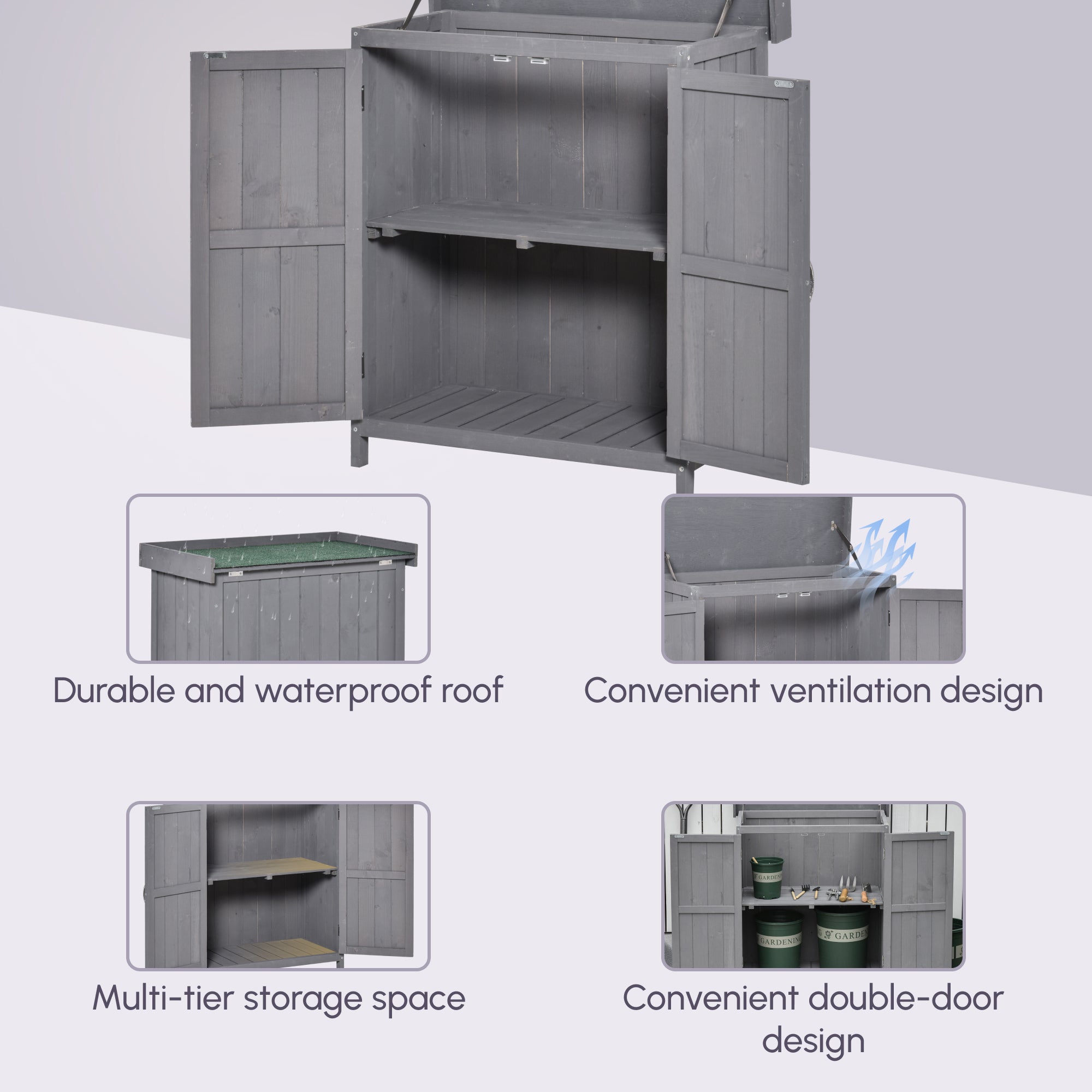 Outsunny Small Shed, Wooden Garden Shed with Openable Hinged Roof and Removable Shelf, Outdoor Tool Storage Cabinet Chest with Double Doors, 74 x 43 x 88 cm, Grey
