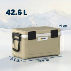 Outsunny 42.6L Insulated Cool Box, Lightweight Portable Ice Cooler with Handle, Lid and Drain Valve, Khaki