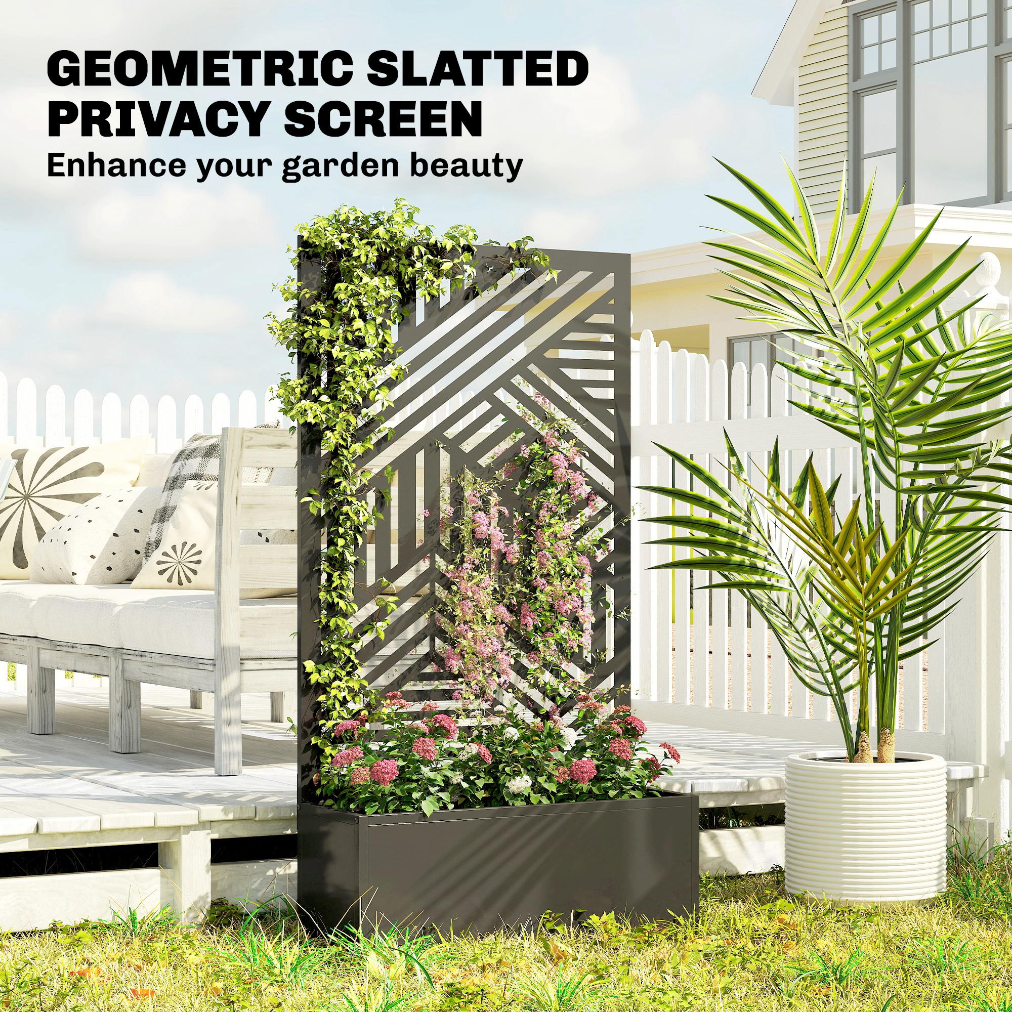 Outsunny Metal Garden Bed for Garden with Trellis, Raised Garden Bed with Privacy Screen, Geometric Slatted Cut-Out