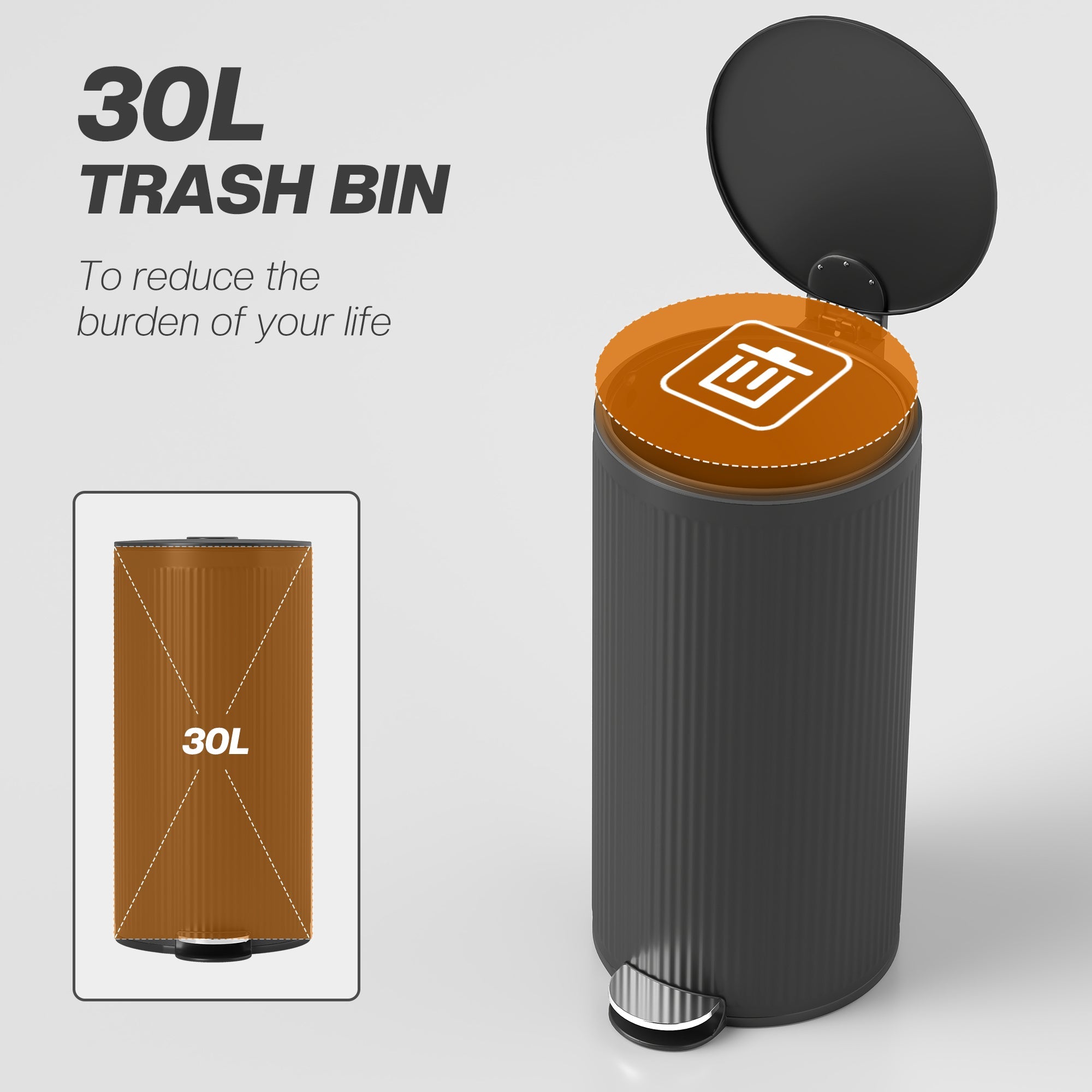 HOMCOM 30 Litre Pedal Kitchen Bin with Soft Close and Stay Open Lid, Rubbish Bin with Removable Inner Bucket for Kitchen, Office, Home, Black