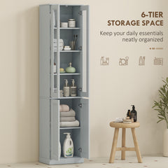 HOMCOM Tall Bathroom Storage Cabinet, 6-Tier Slim Bathroom Cabinet with Adjustable Shelf, 4 Soft-Close Doors, Dusty Blue