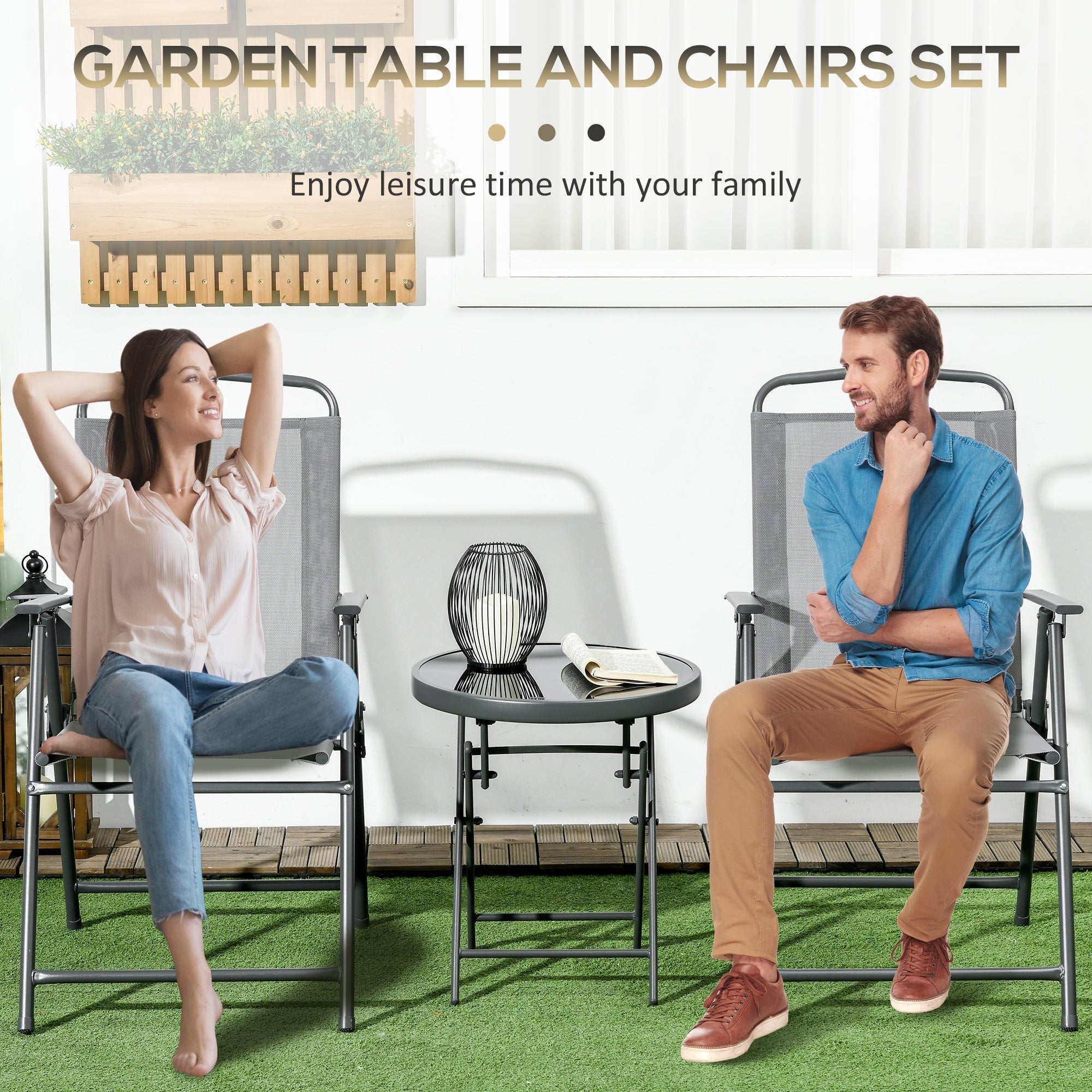 Outsunny Three-Piece Garden Seat Set, with Glass-Top Table - Light Grey