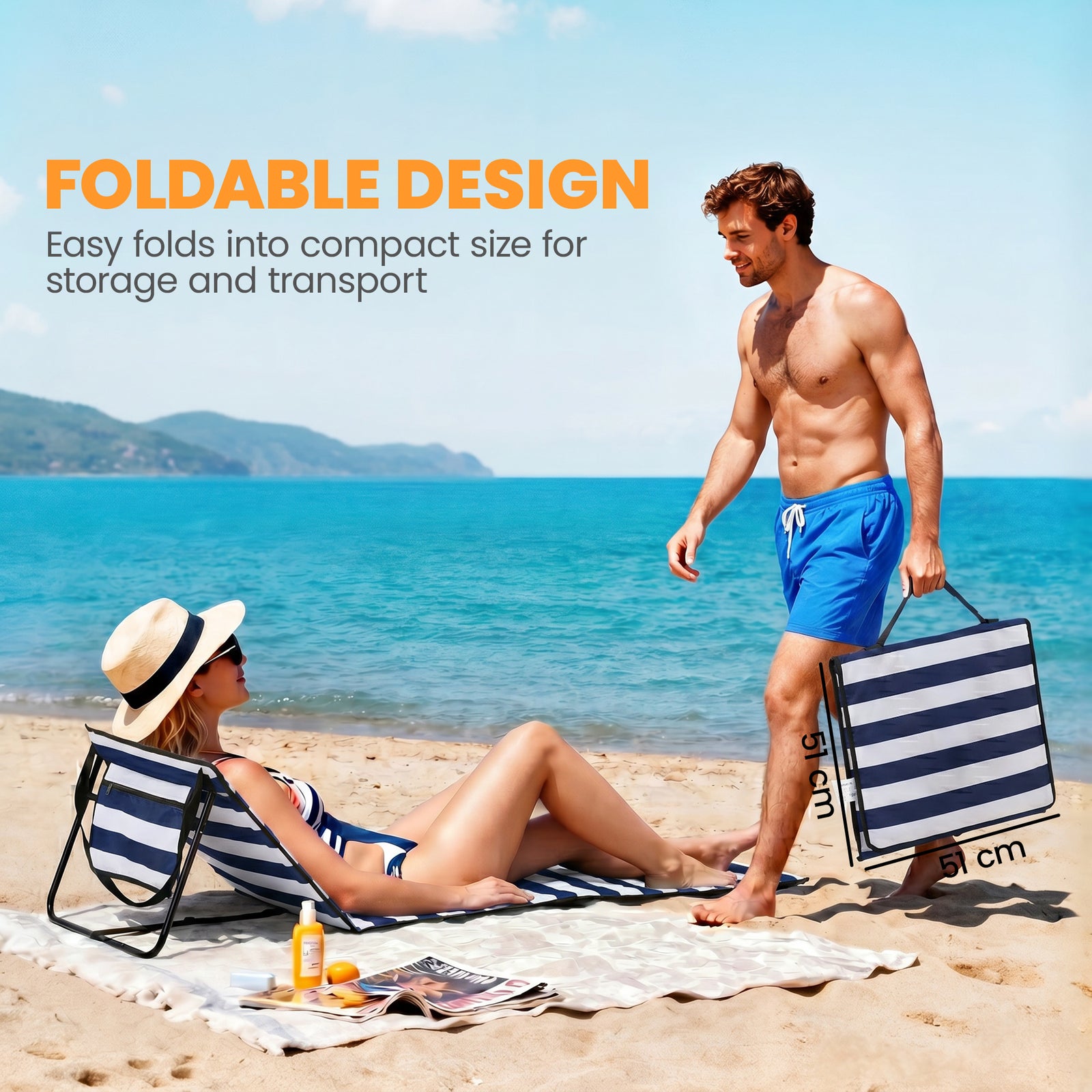 Outsunny Set of 2 Foldable Garden Beach Chair Mat, Outdoor Sun Lounger Seats with Adjustable Back, Magazine Pocket, Carry Strap