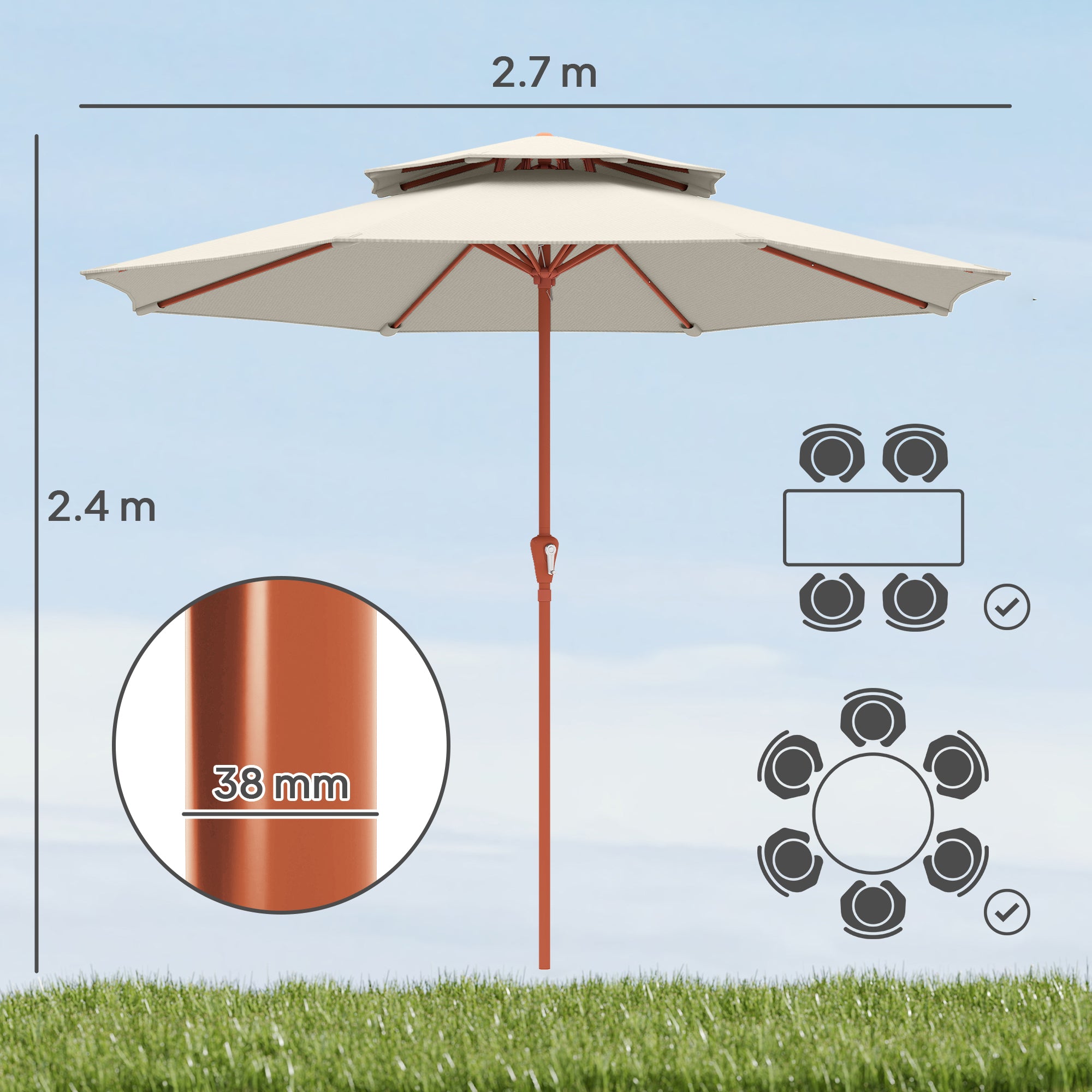 Outsunny 2.7 m Garden Parasol with Double Top Outdoor Market Table Umbrella with Crank System, Cream White