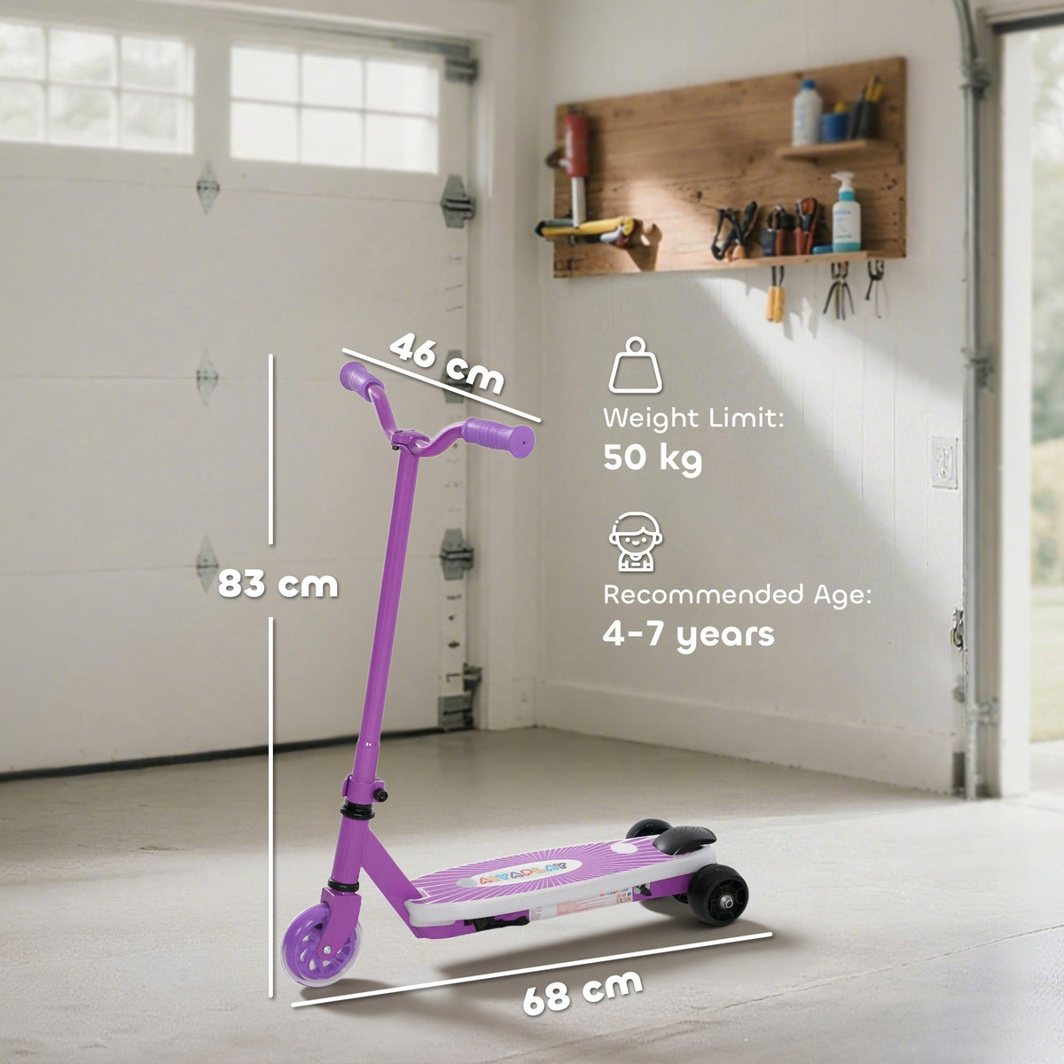 AIYAPLAY Electric Scooter for Kids Aged 4-7 Years, with Flashing LED Lights, Rear Auxiliary Wheels, Purple