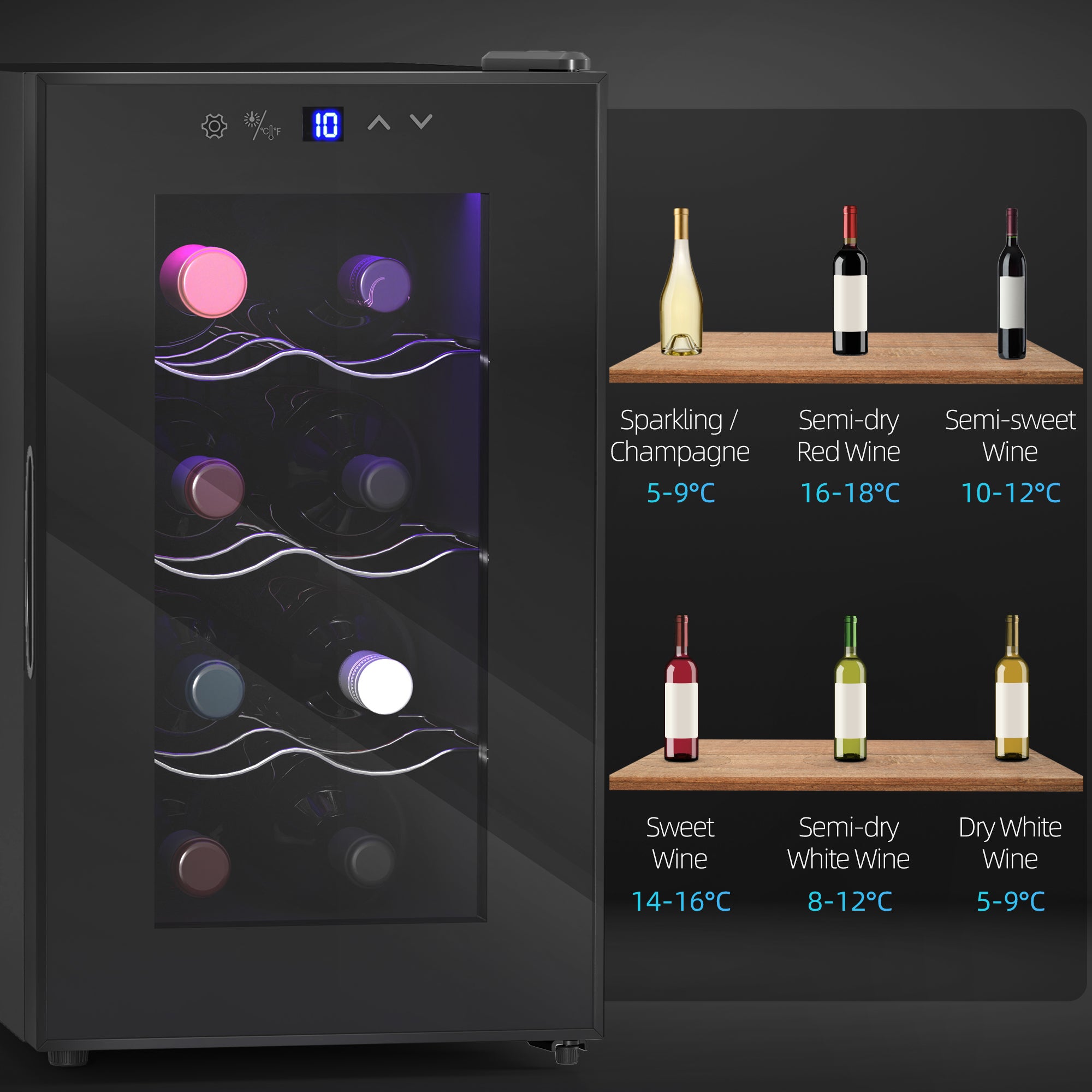 HOMCOM Mini Table Top Wine Fridge, 8 Bottle, 17L, 8-18√¢‚Äû∆í, 26.5cm Quiet Under Counter Wine Cooler Fridge with Glass Door, LED Light, Digital Touch Screen, Temperature Control