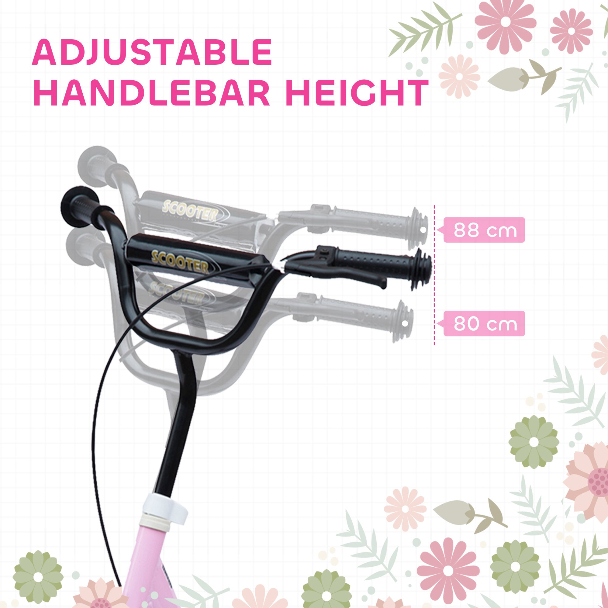 HOMCOM Kids Scooter Kick Scooter, with 12" EVA Tyres, Rear Brake, Big Wheels Scooter for 5-12 Years , Pink