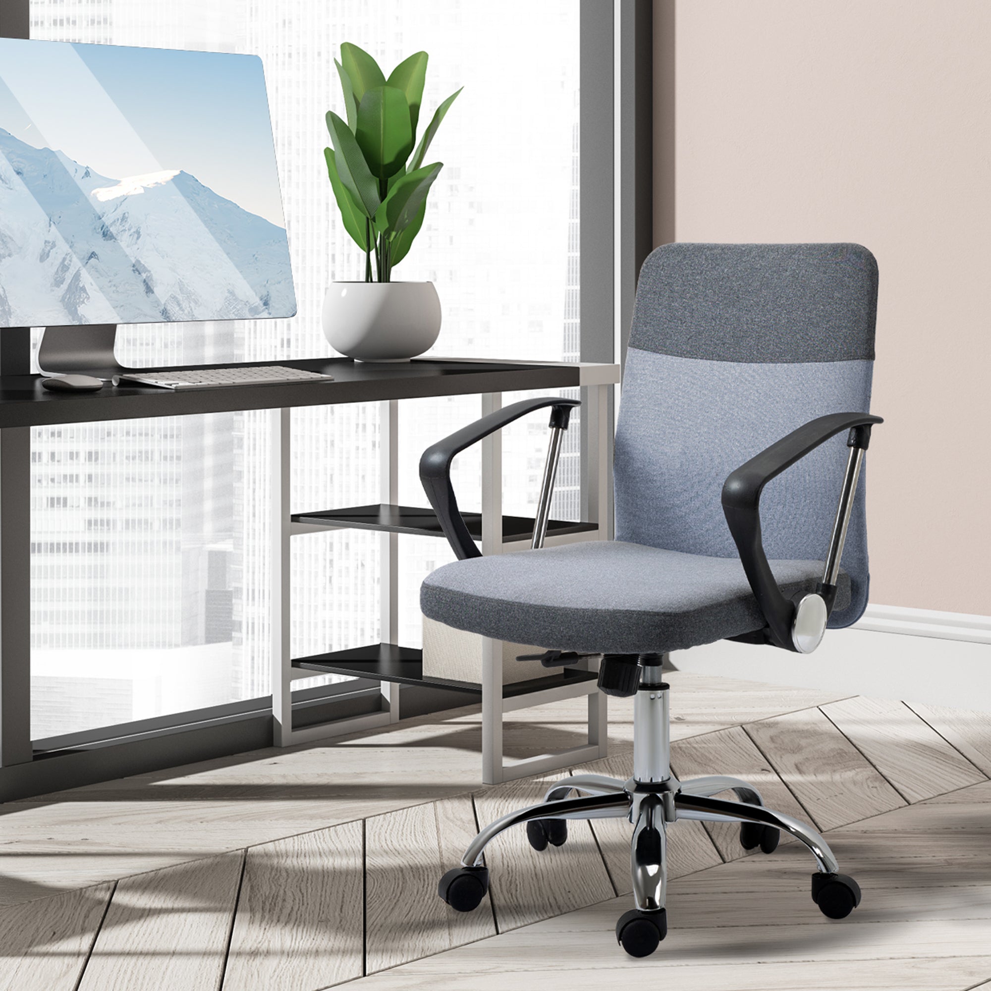 Vinsetto Office Chair Linen Fabric Swivel Computer Desk Chair Home Study Adjustable Chair with Wheels, Grey