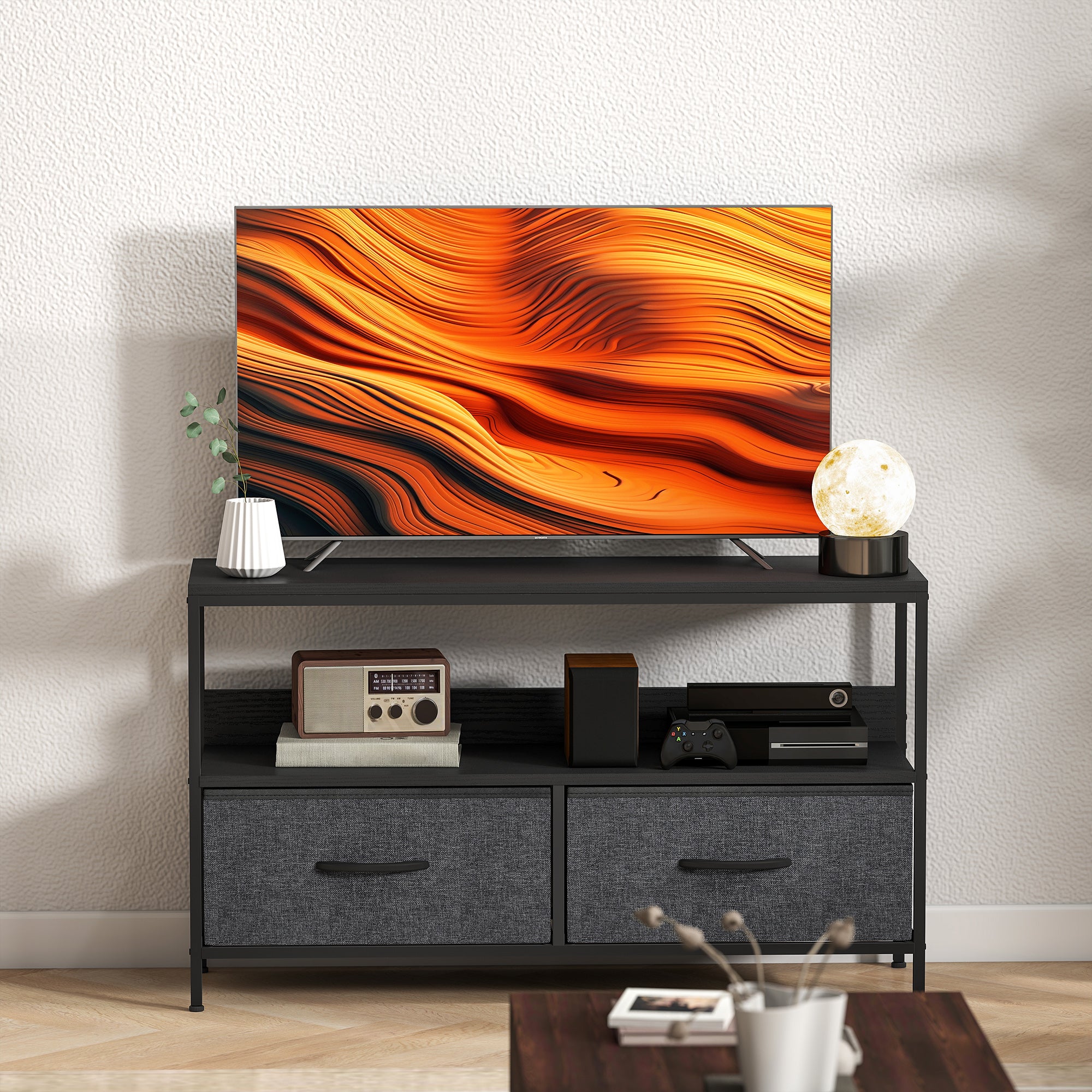 HOMCOM TV Stand Cabinet with 2 Foldable Drawers - Black