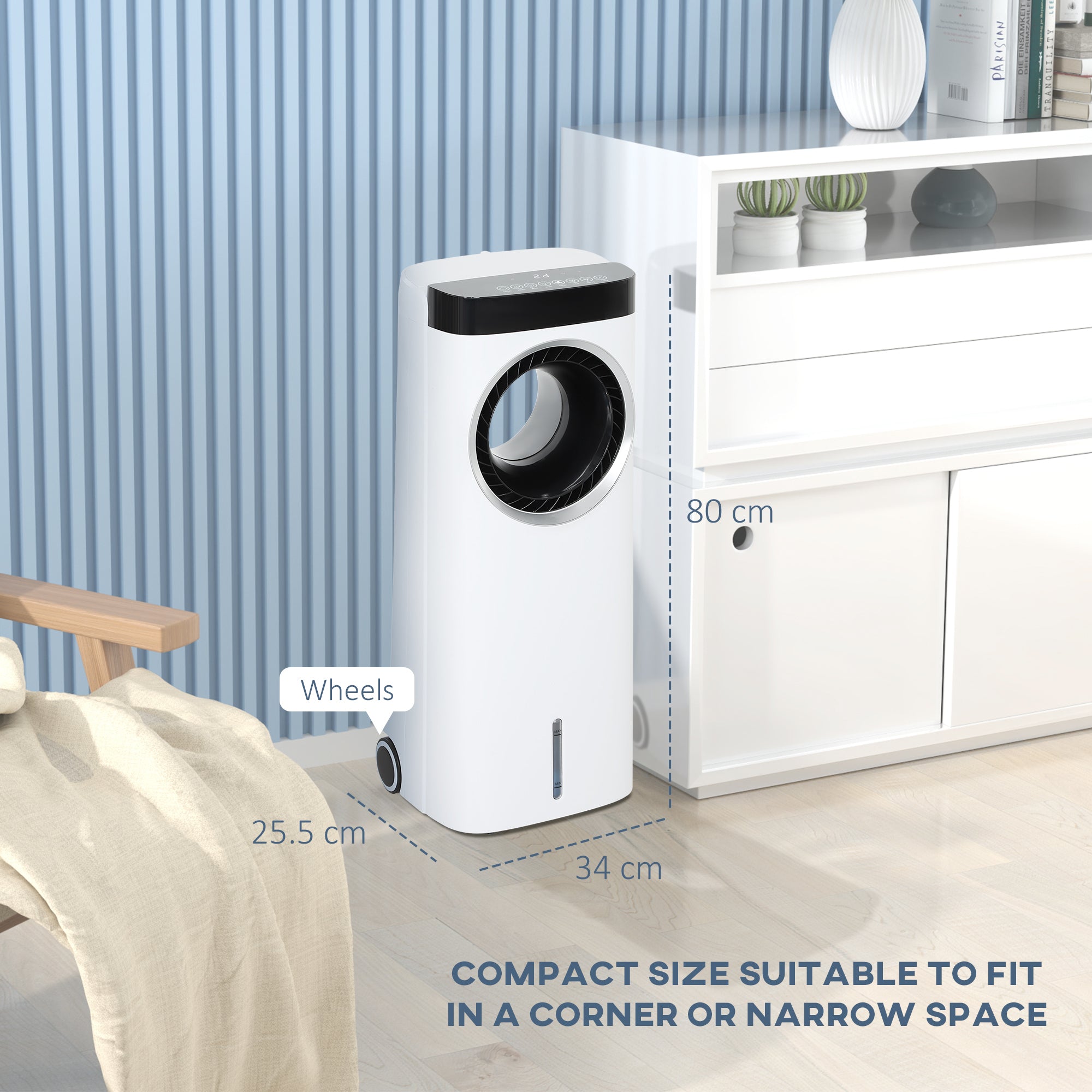 HOMCOM Evaporative Air Cooler, 6.5L 4-in-1 Bladeless Portable Cooler, Fan, Humidifier, Air Clean Anion with Oscillation, 6 Speeds, 24H Timer, Sleep Mode, 2 Ice Packs, Wheels, Remote, for Home Office