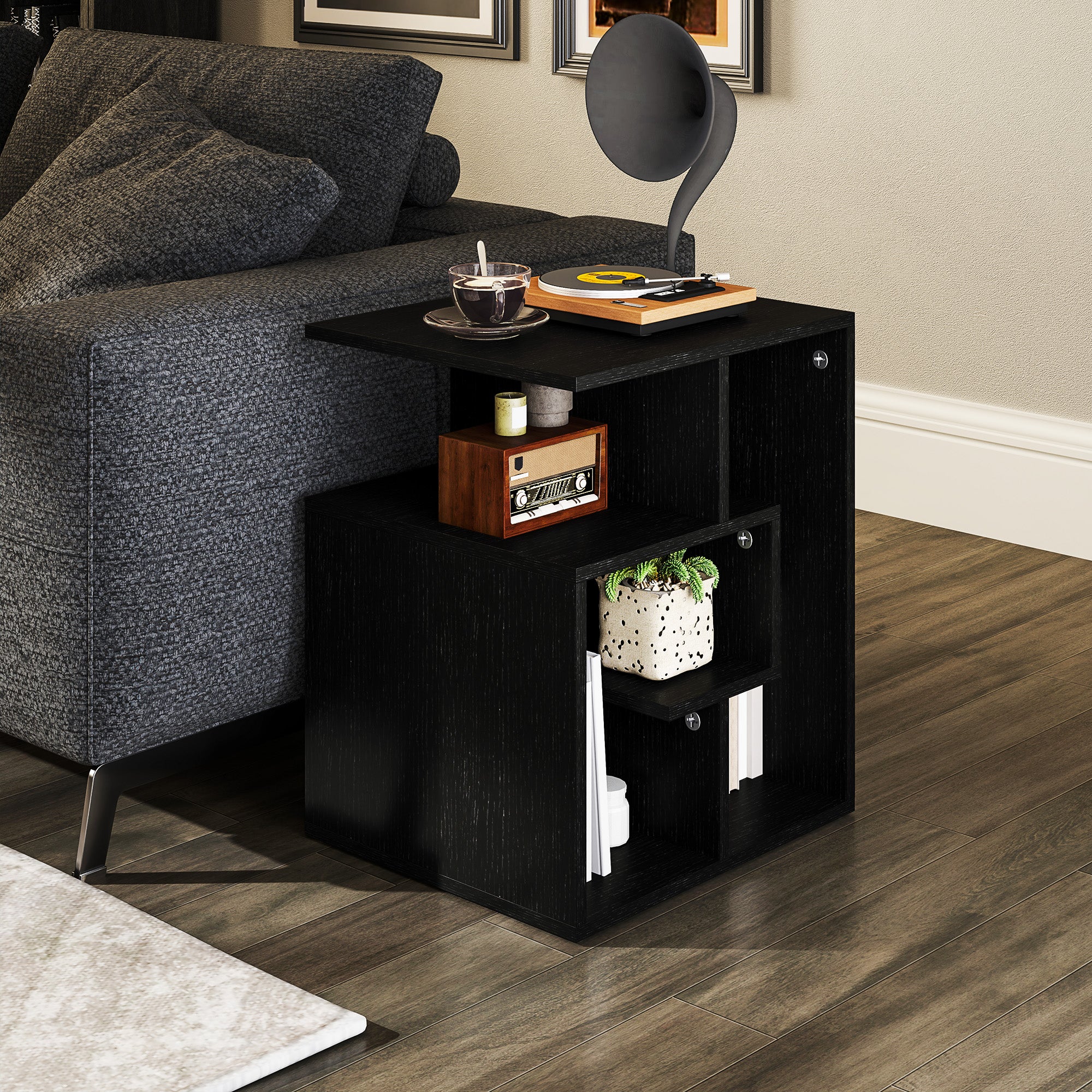 HOMCOM Side Table, 3 Tier End Table with Open Storage Shelves for Living Room, Bedroom, Black